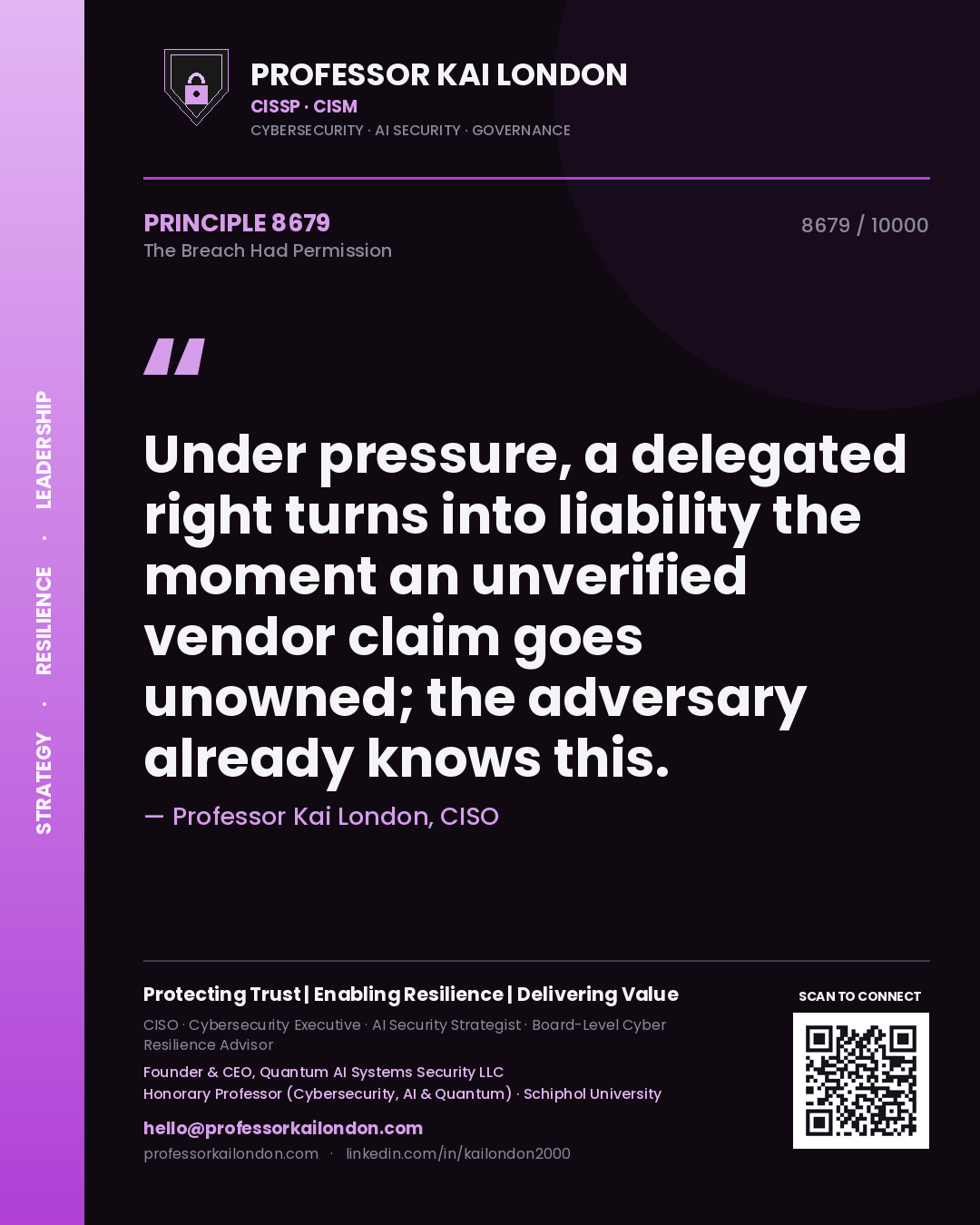 Professor Kai London principle 8679: Under pressure, a delegated right turns into liability the moment an unverified vendor claim goes unowned; the adversary already knows this.