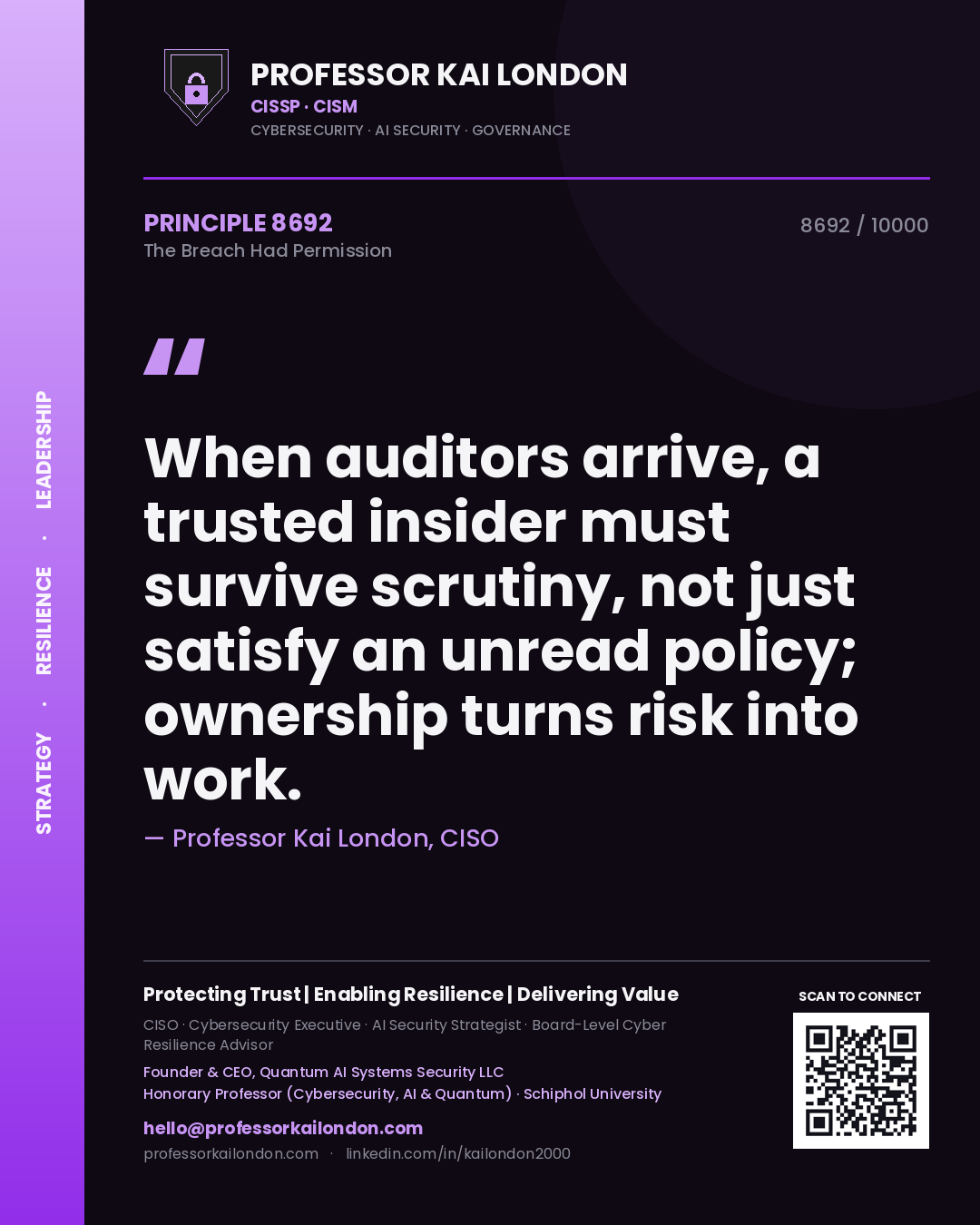 Quote card by Professor Kai London reading 'When auditors arrive, a trusted insider must survive scrutiny, not just satisfy an unread policy; ownership turns risk into work.'. From the book The Breach Had Permission.