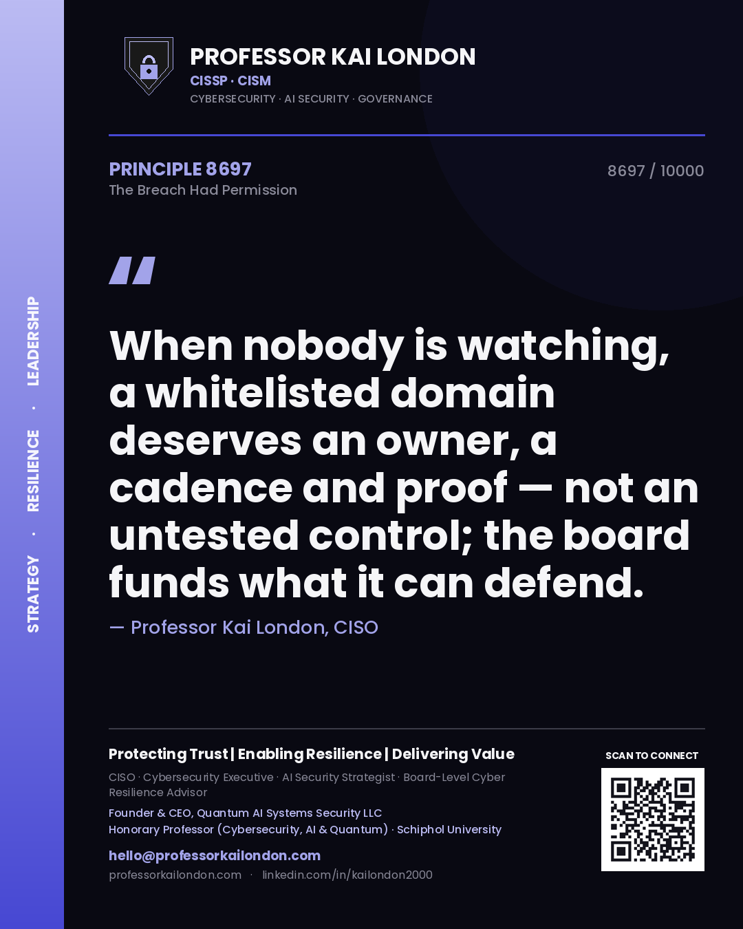 Quote card by Professor Kai London reading 'When nobody is watching, a whitelisted domain deserves an owner, a cadence and proof — not an untested control; the board funds what it can defend.'. From the book The Breach Had Permission.