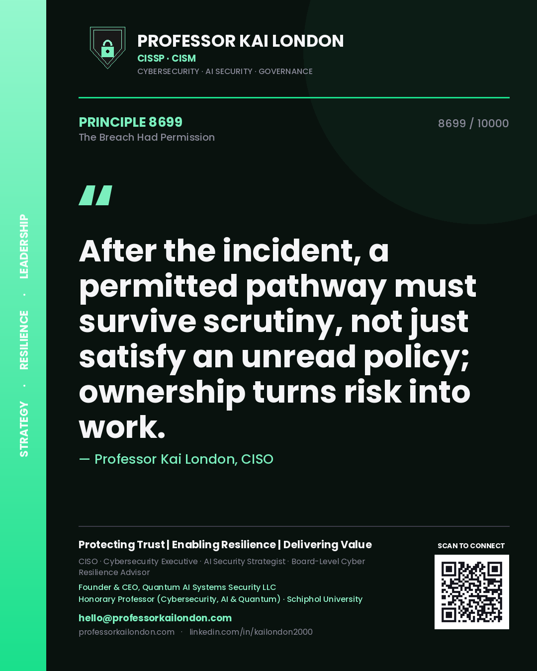 Professor Kai London principle 8699: After the incident, a permitted pathway must survive scrutiny, not just satisfy an unread policy; ownership turns risk into work.