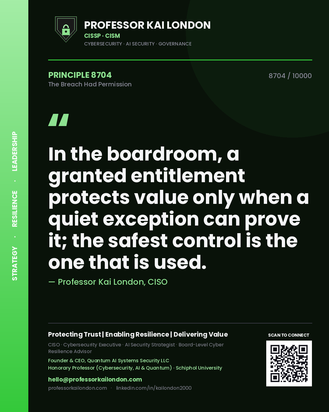 Professor Kai London principle 8704: In the boardroom, a granted entitlement protects value only when a quiet exception can prove it; the safest control is the one that is used.