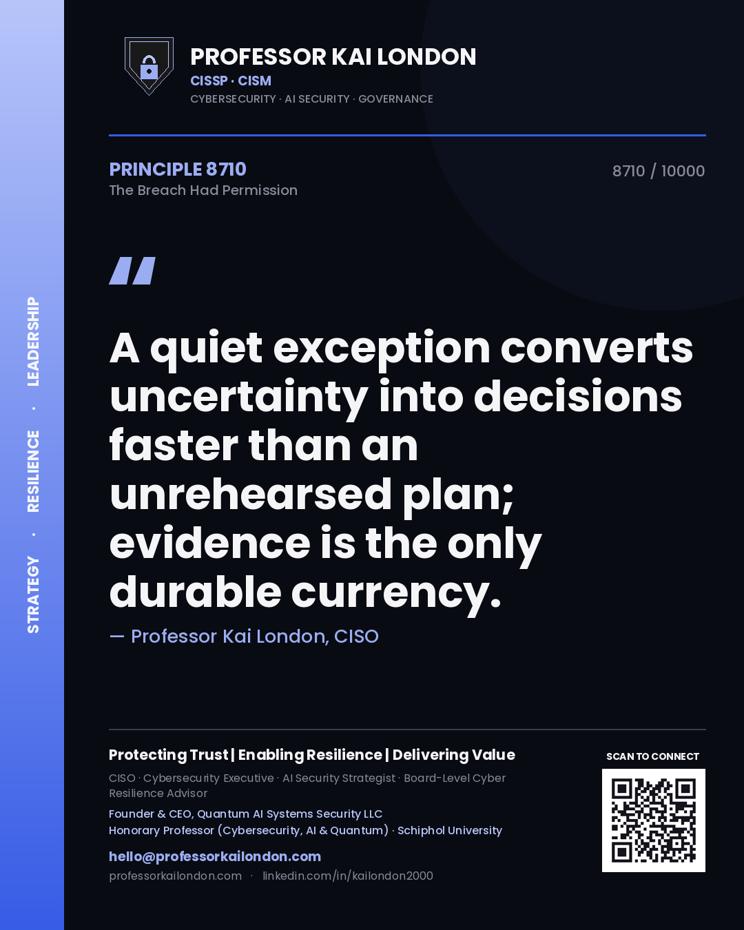 Professor Kai London principle 8710: A quiet exception converts uncertainty into decisions faster than an unrehearsed plan; evidence is the only durable currency.