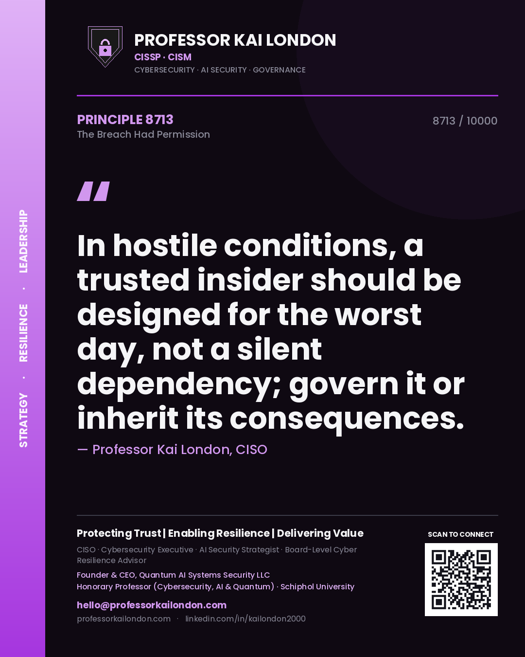 Quote card by Professor Kai London reading 'In hostile conditions, a trusted insider should be designed for the worst day, not a silent dependency; govern it or inherit its consequences.'. From the book The Breach Had Permission.