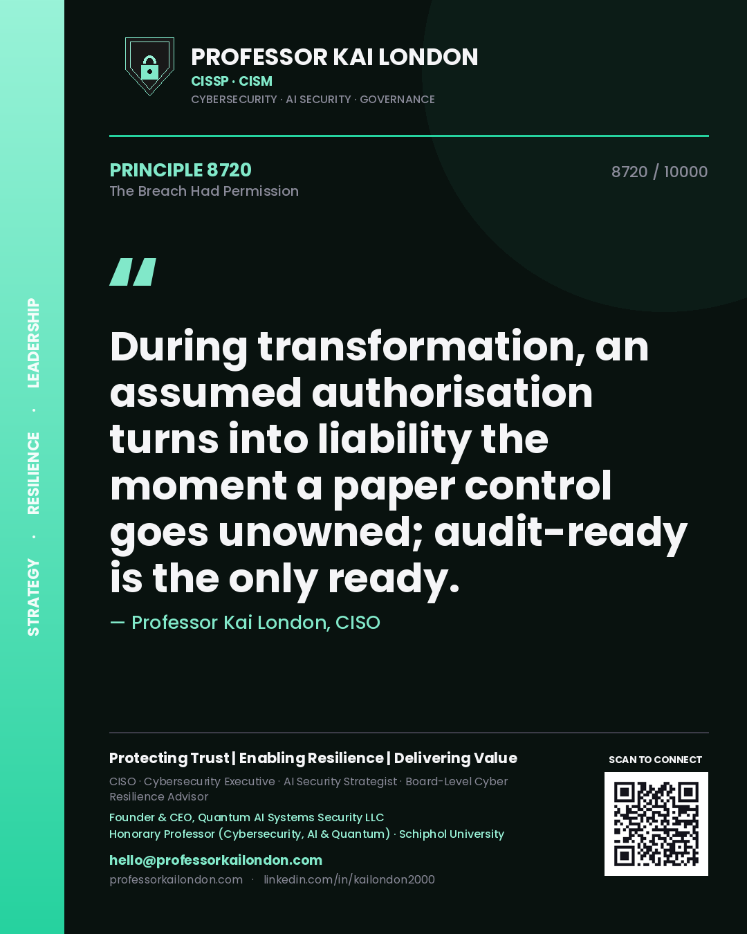 Professor Kai London principle 8720: During transformation, an assumed authorisation turns into liability the moment a paper control goes unowned; audit-ready is the only ready.