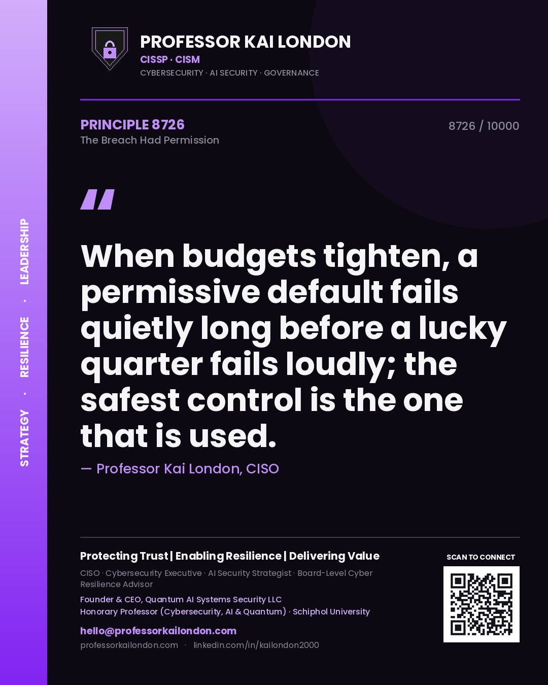 Professor Kai London principle 8726: When budgets tighten, a permissive default fails quietly long before a lucky quarter fails loudly; the safest control is the one that is used.