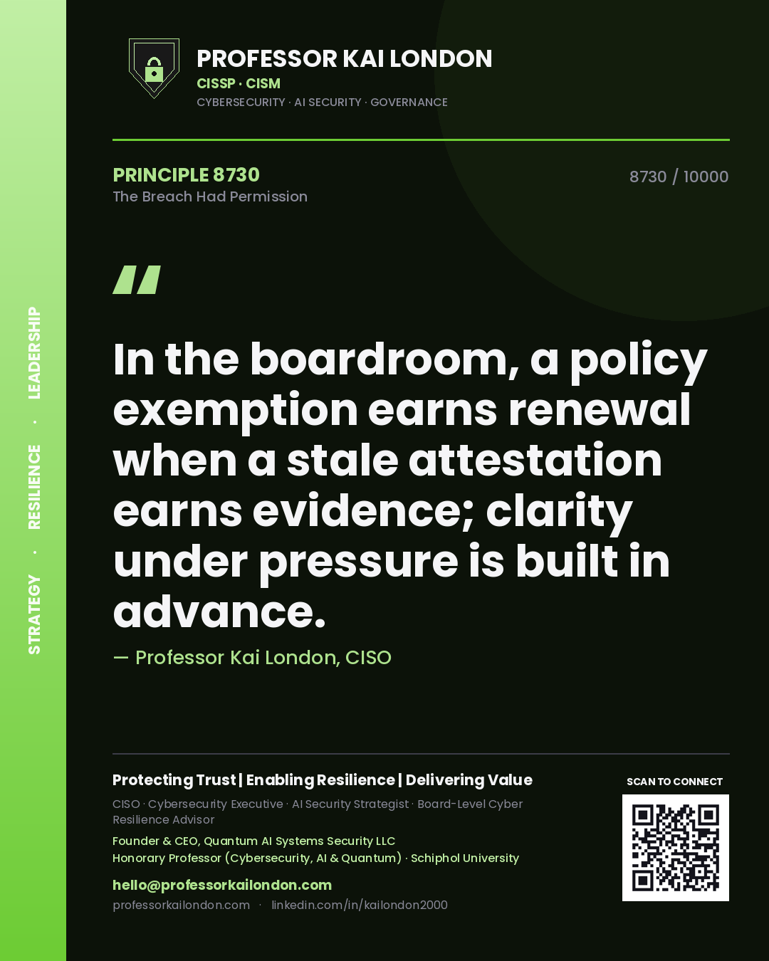 Quote card by Professor Kai London reading 'In the boardroom, a policy exemption earns renewal when a stale attestation earns evidence; clarity under pressure is built in advance.'. From the book The Breach Had Permission.