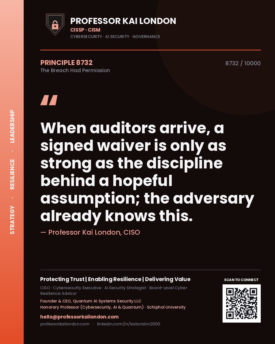 Quote card by Professor Kai London reading 'When auditors arrive, a signed waiver is only as strong as the discipline behind a hopeful assumption; the adversary already knows this.'. From the book The Breach Had Permission.