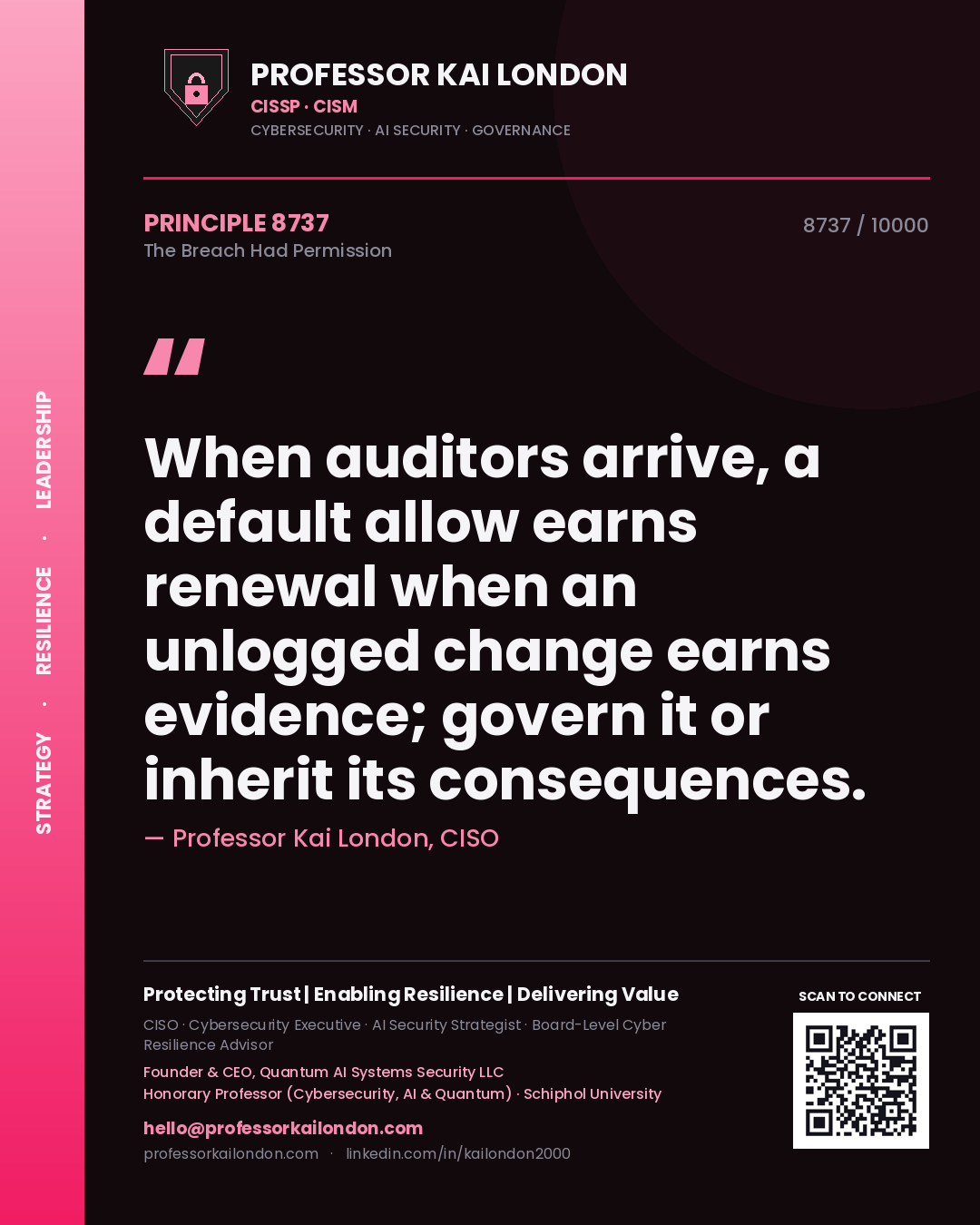 Professor Kai London principle 8737: When auditors arrive, a default allow earns renewal when an unlogged change earns evidence; govern it or inherit its consequences.