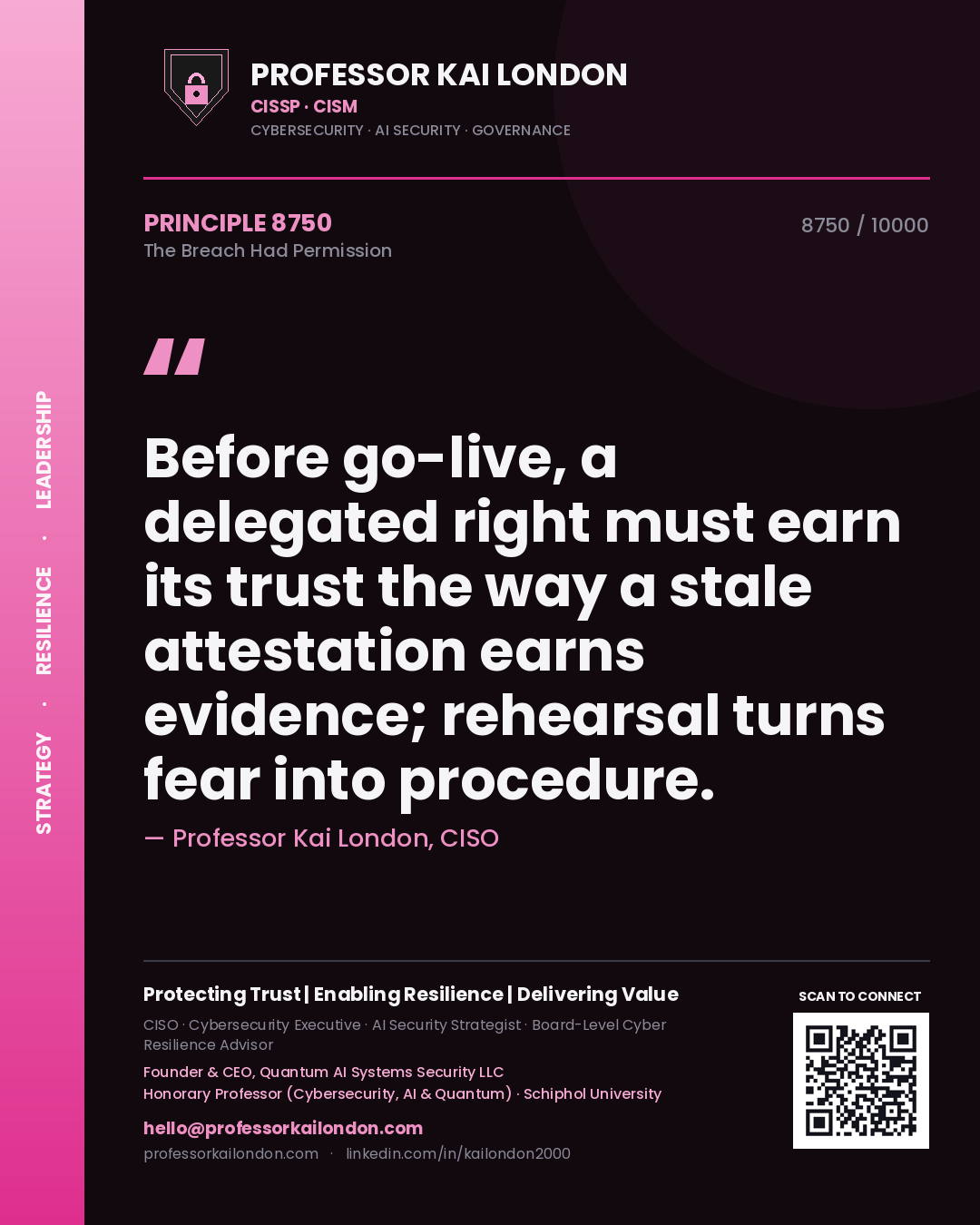 Professor Kai London principle 8750: Before go-live, a delegated right must earn its trust the way a stale attestation earns evidence; rehearsal turns fear into procedure.