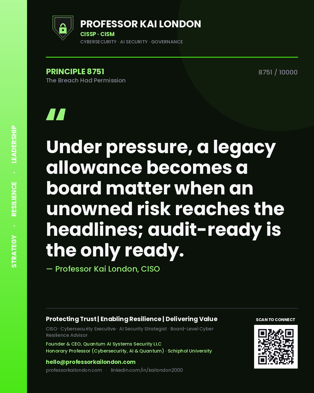 Professor Kai London principle 8751: Under pressure, a legacy allowance becomes a board matter when an unowned risk reaches the headlines; audit-ready is the only ready.