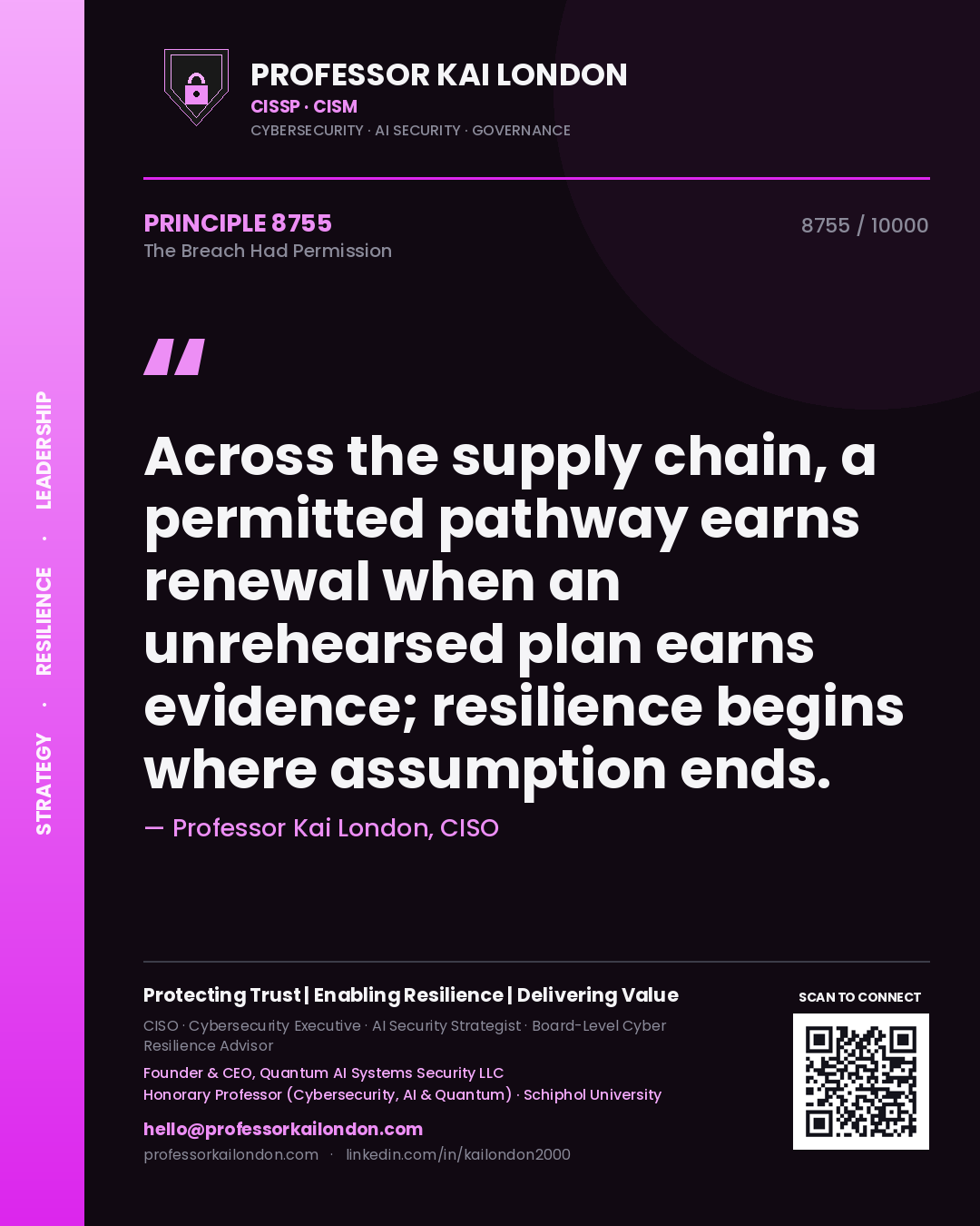 Quote card by Professor Kai London reading 'Across the supply chain, a permitted pathway earns renewal when an unrehearsed plan earns evidence; resilience begins where assumption ends.'. From the book The Breach Had Permission.