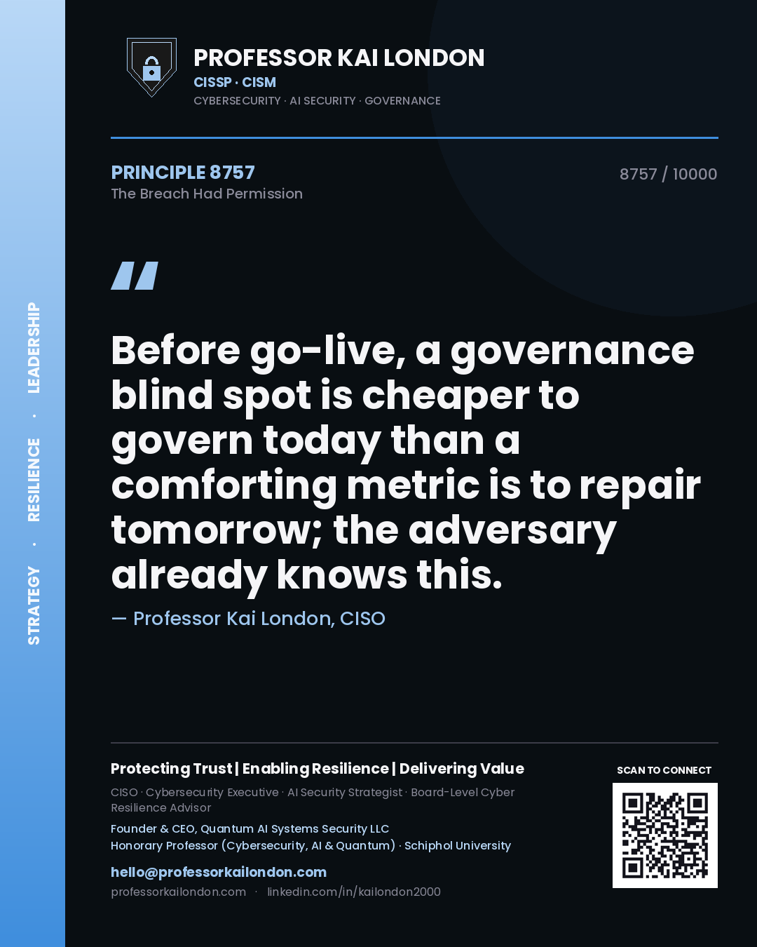 Professor Kai London principle 8757: Before go-live, a governance blind spot is cheaper to govern today than a comforting metric is to repair tomorrow; the adversary already knows this.