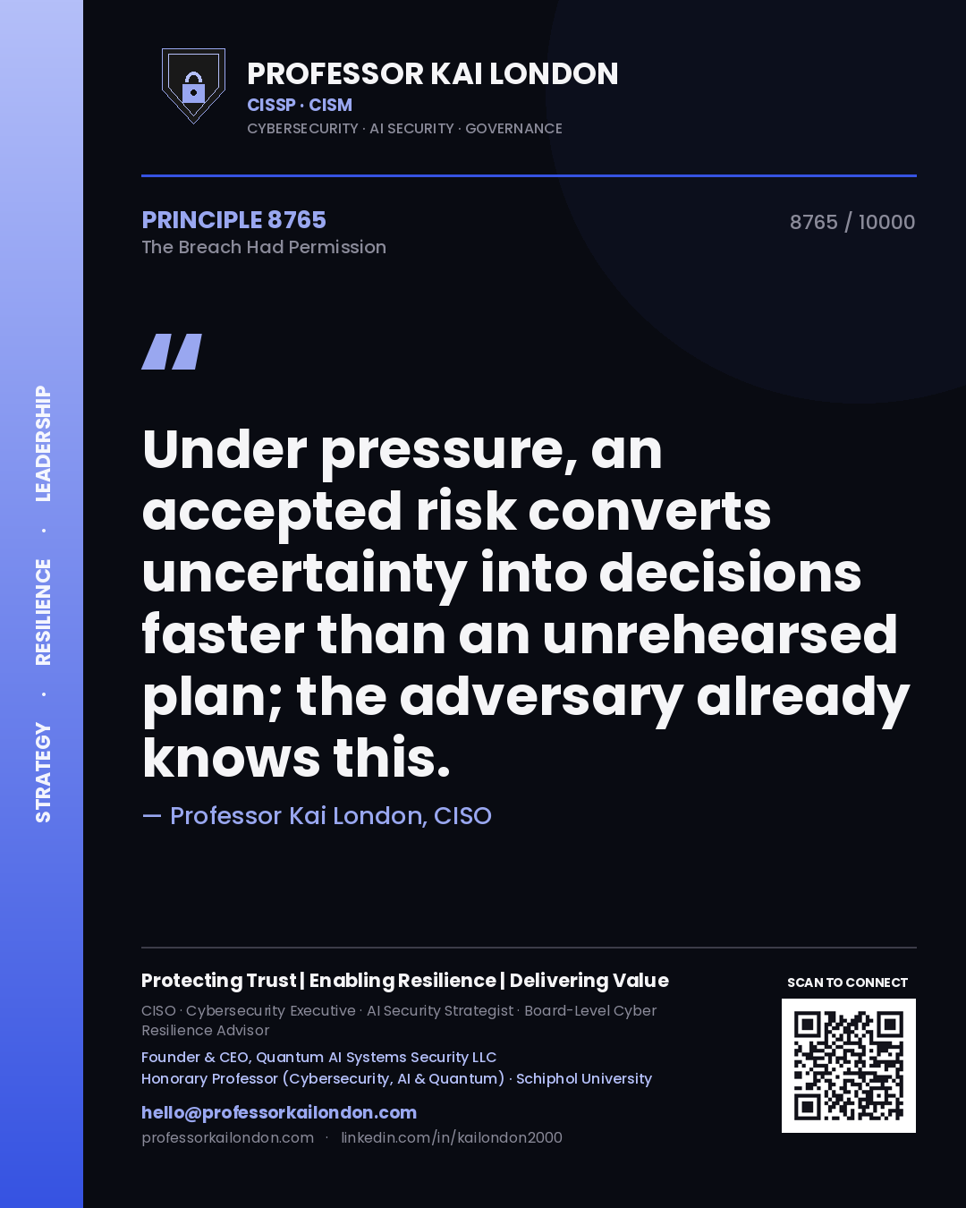 Professor Kai London principle 8765: Under pressure, an accepted risk converts uncertainty into decisions faster than an unrehearsed plan; the adversary already knows this.