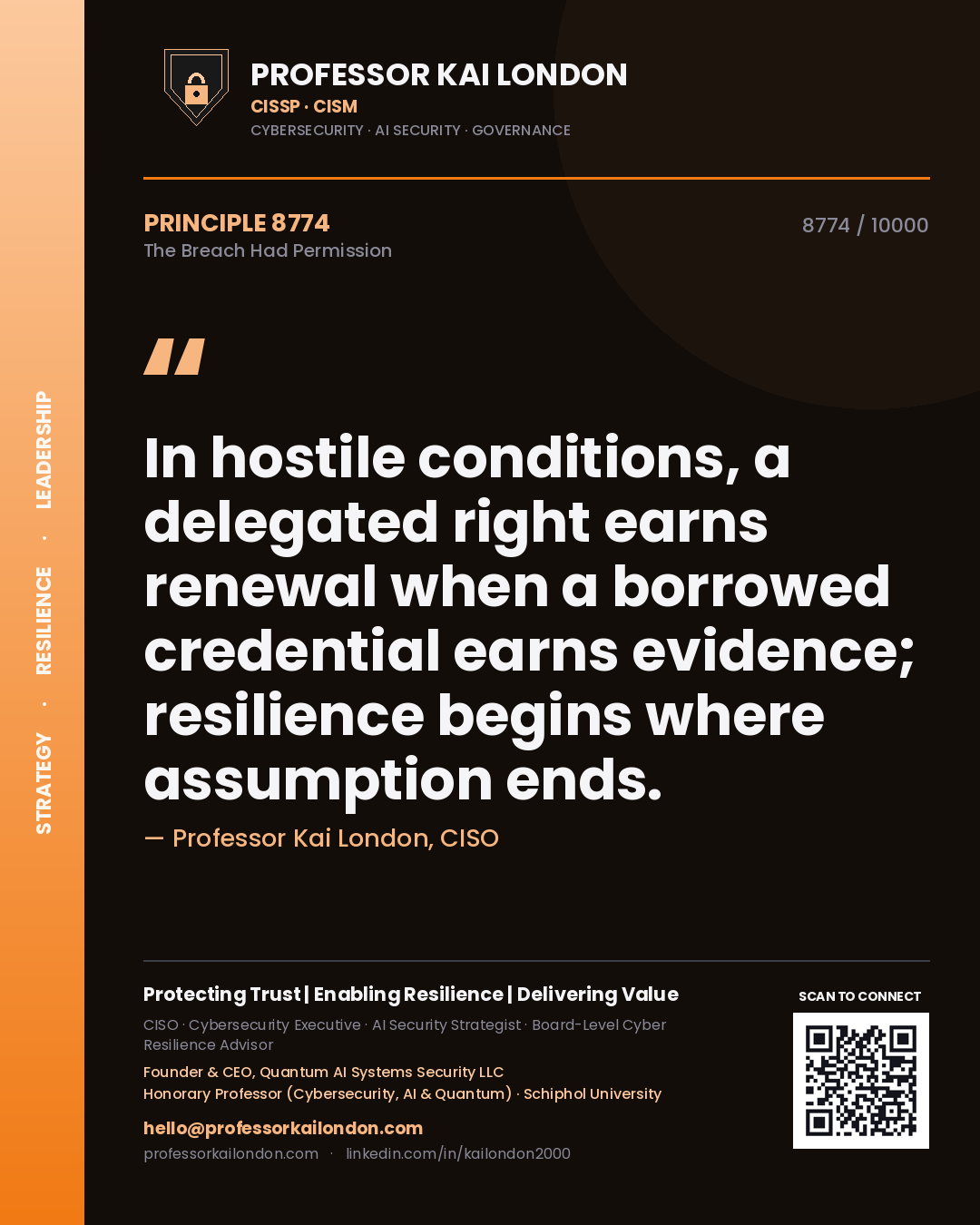 Professor Kai London principle 8774: In hostile conditions, a delegated right earns renewal when a borrowed credential earns evidence; resilience begins where assumption ends.