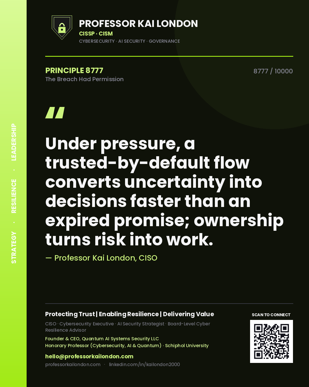 Quote card by Professor Kai London reading 'Under pressure, a trusted-by-default flow converts uncertainty into decisions faster than an expired promise; ownership turns risk into work.'. From the book The Breach Had Permission.