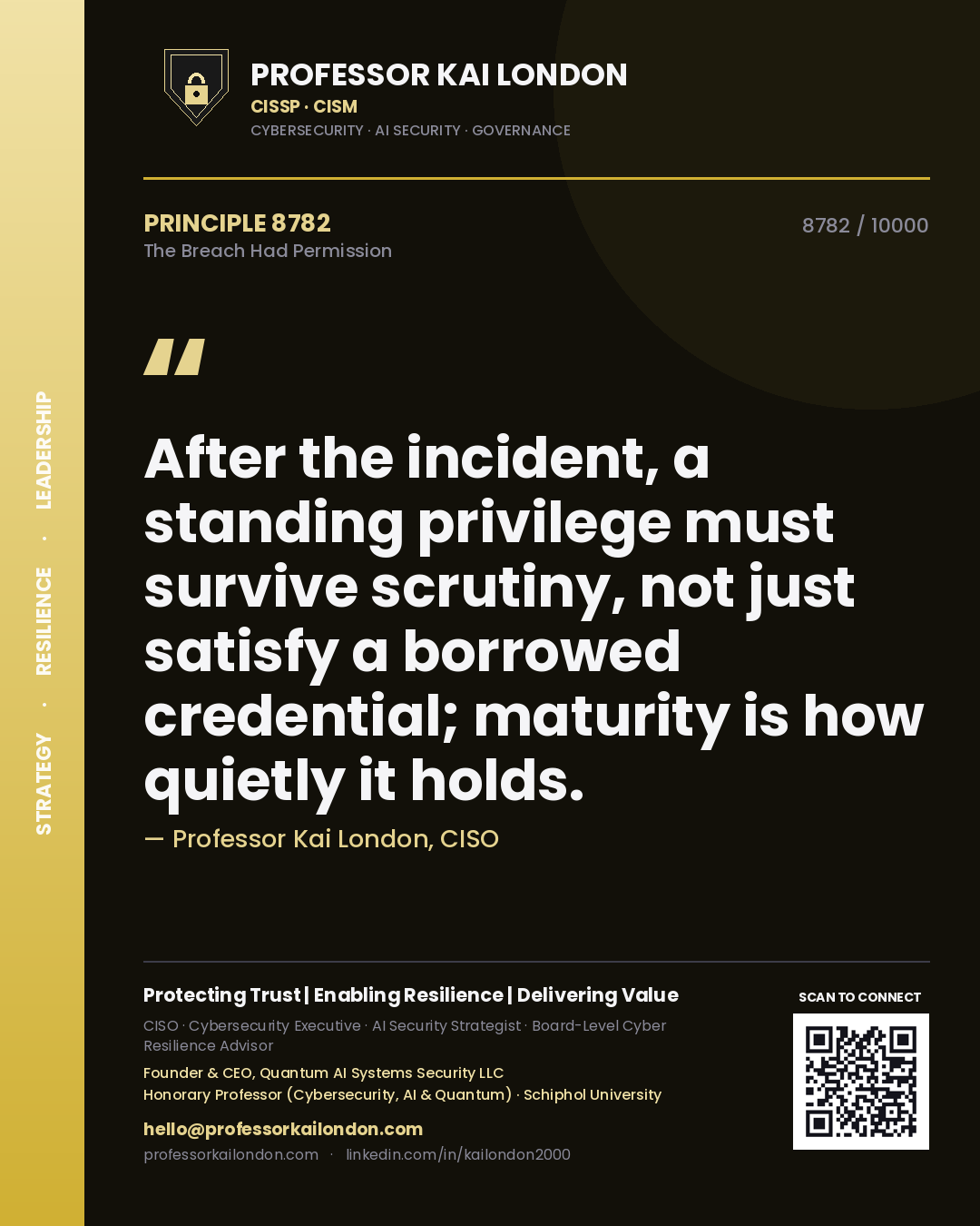 Quote card by Professor Kai London reading 'After the incident, a standing privilege must survive scrutiny, not just satisfy a borrowed credential; maturity is how quietly it holds.'. From the book The Breach Had Permission.