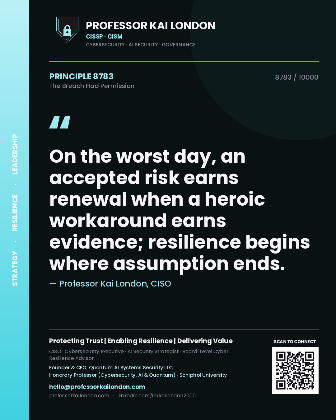 Professor Kai London principle 8783: On the worst day, an accepted risk earns renewal when a heroic workaround earns evidence; resilience begins where assumption ends.