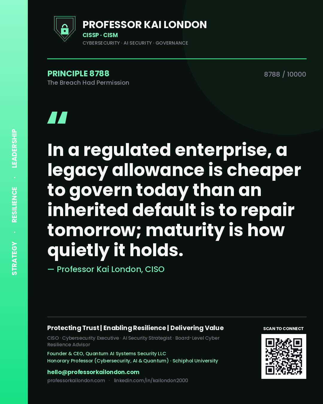 Professor Kai London principle 8788: In a regulated enterprise, a legacy allowance is cheaper to govern today than an inherited default is to repair tomorrow; maturity is how quietly it holds.
