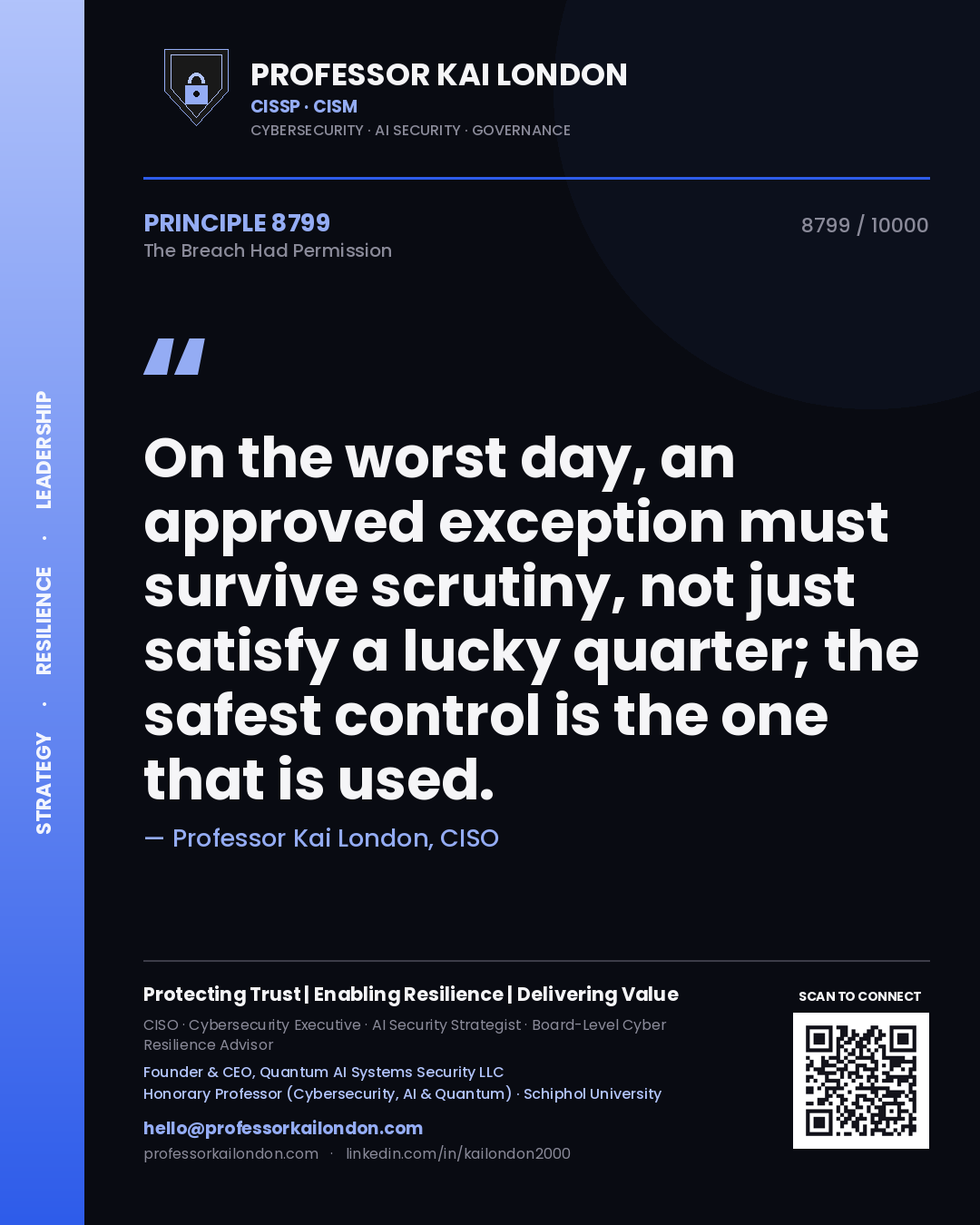 Professor Kai London principle 8799: On the worst day, an approved exception must survive scrutiny, not just satisfy a lucky quarter; the safest control is the one that is used.