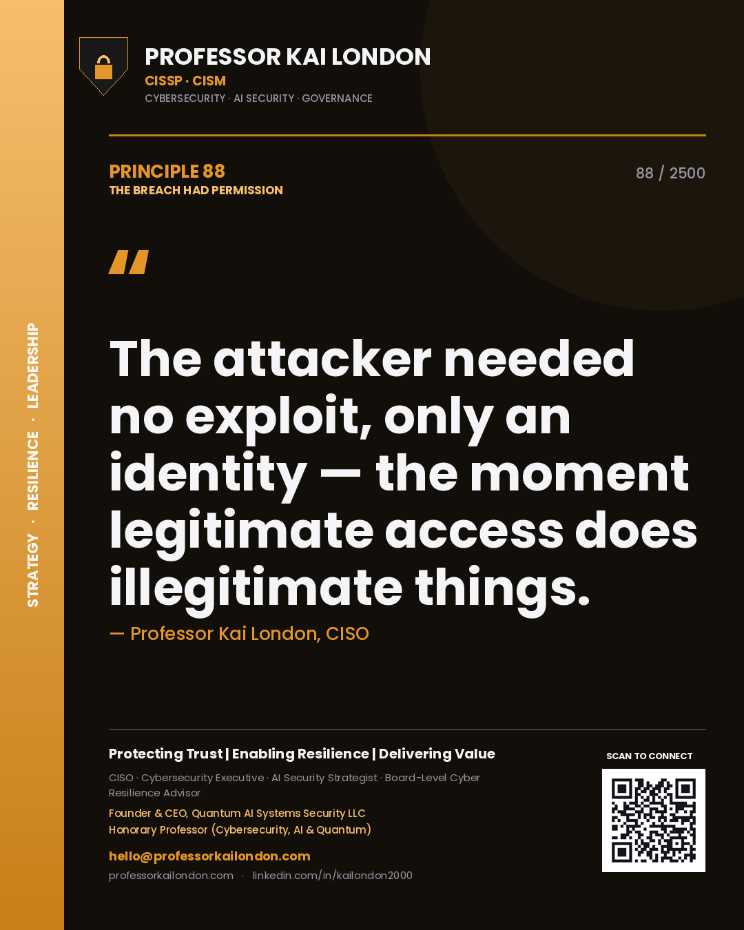 Quote card by Professor Kai London reading 'The attacker needed no exploit, only an identity — the moment legitimate access does illegitimate things.'. From the book The Breach Had Permission.