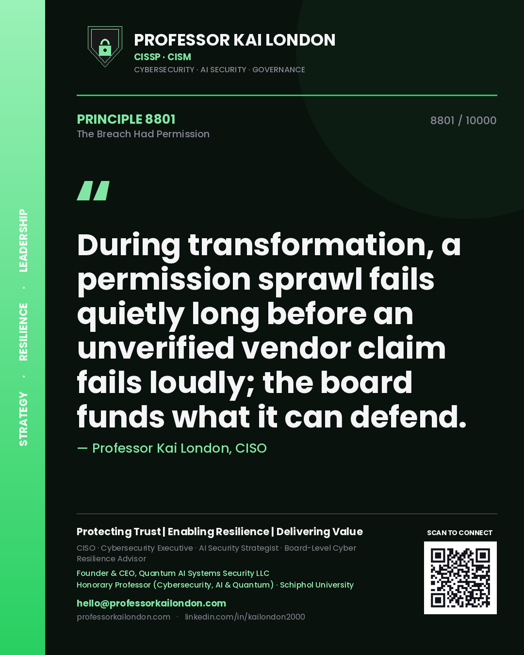 Professor Kai London principle 8801: During transformation, a permission sprawl fails quietly long before an unverified vendor claim fails loudly; the board funds what it can defend.