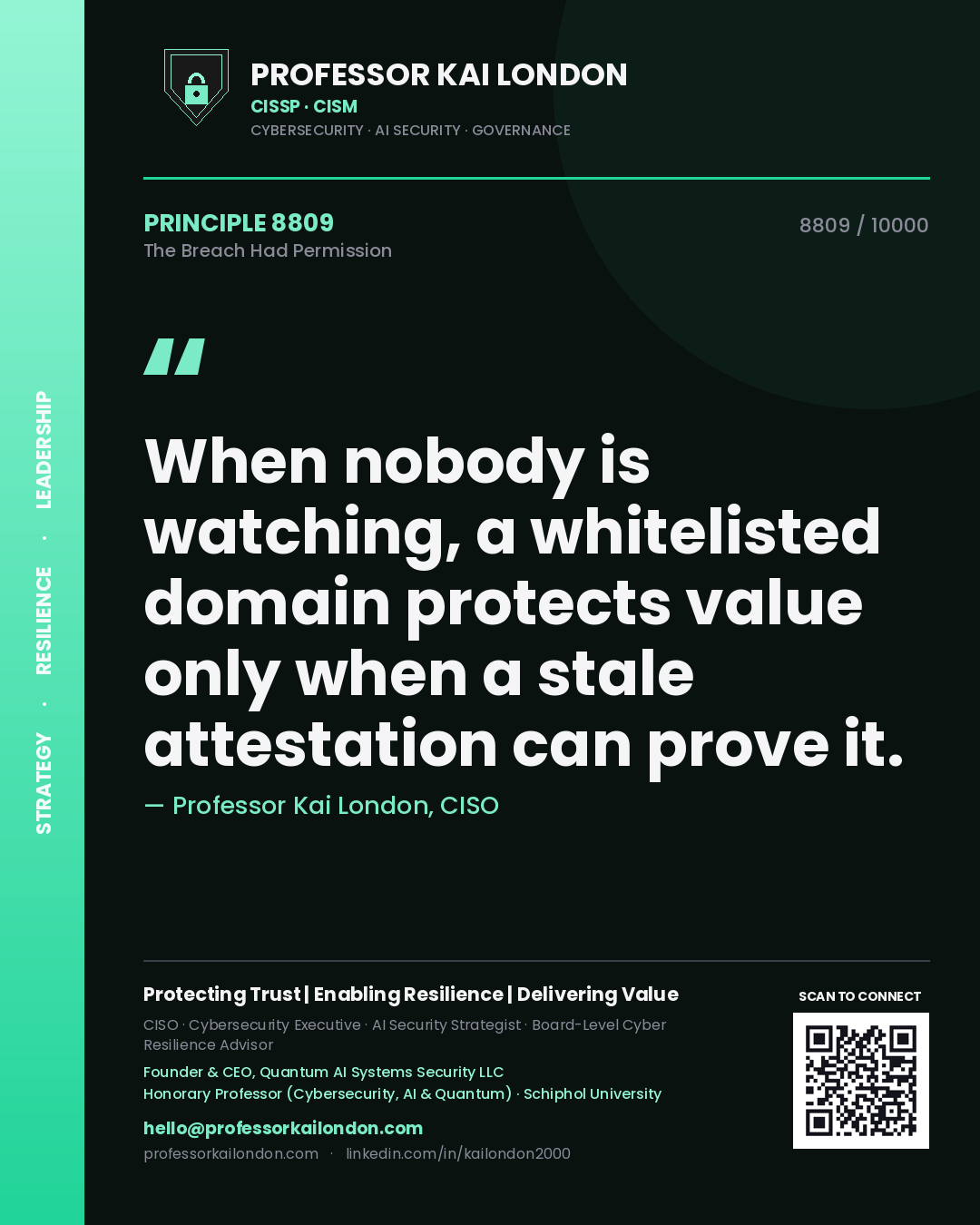 Professor Kai London principle 8809: When nobody is watching, a whitelisted domain protects value only when a stale attestation can prove it.