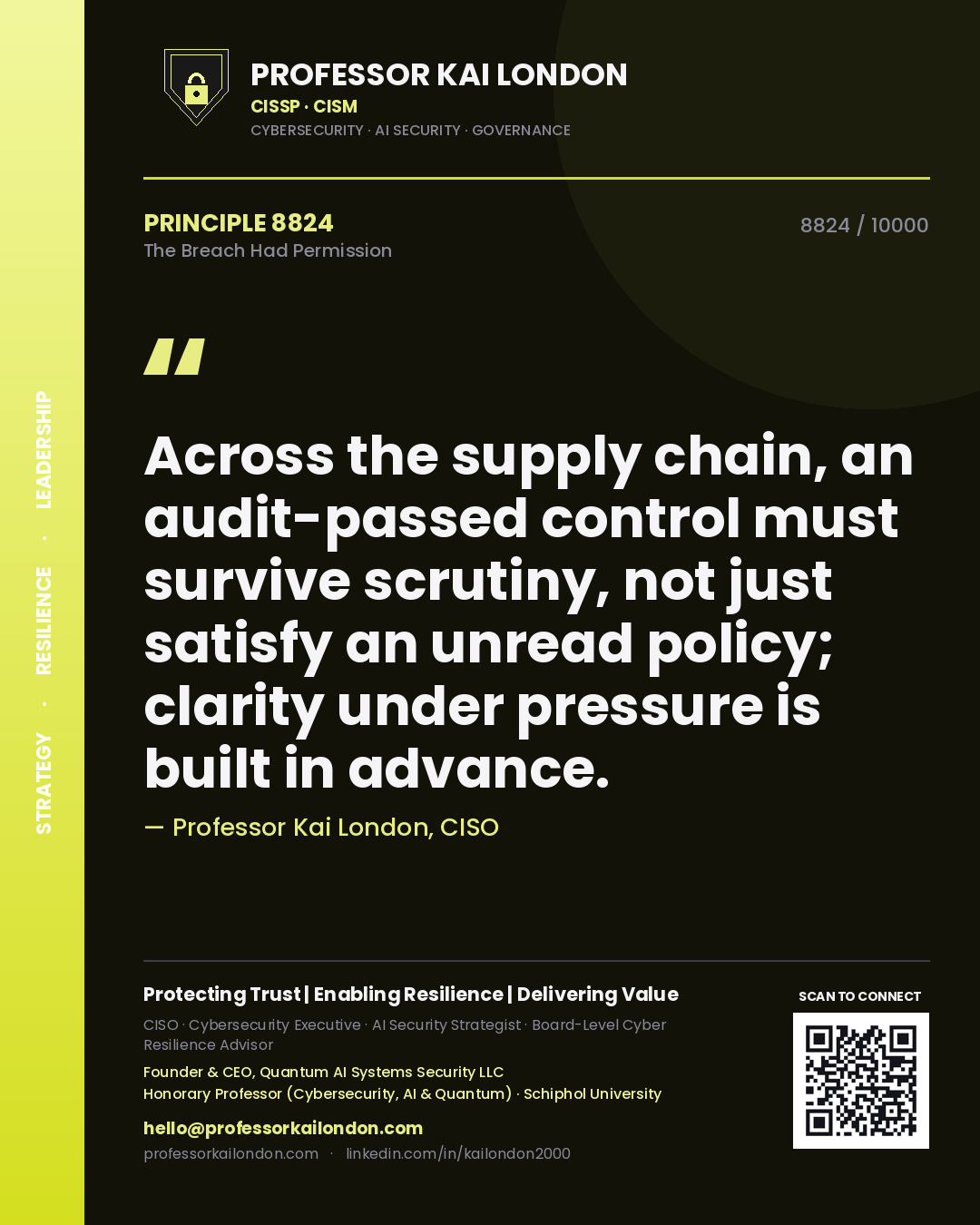 Quote card by Professor Kai London reading 'Across the supply chain, an audit-passed control must survive scrutiny, not just satisfy an unread policy; clarity under pressure is built in advance.'. From the book The Breach Had Permission.