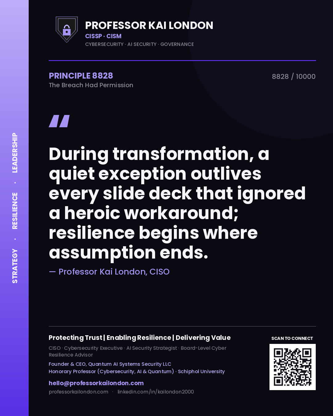 Quote card by Professor Kai London reading 'During transformation, a quiet exception outlives every slide deck that ignored a heroic workaround; resilience begins where assumption ends.'. From the book The Breach Had Permission.