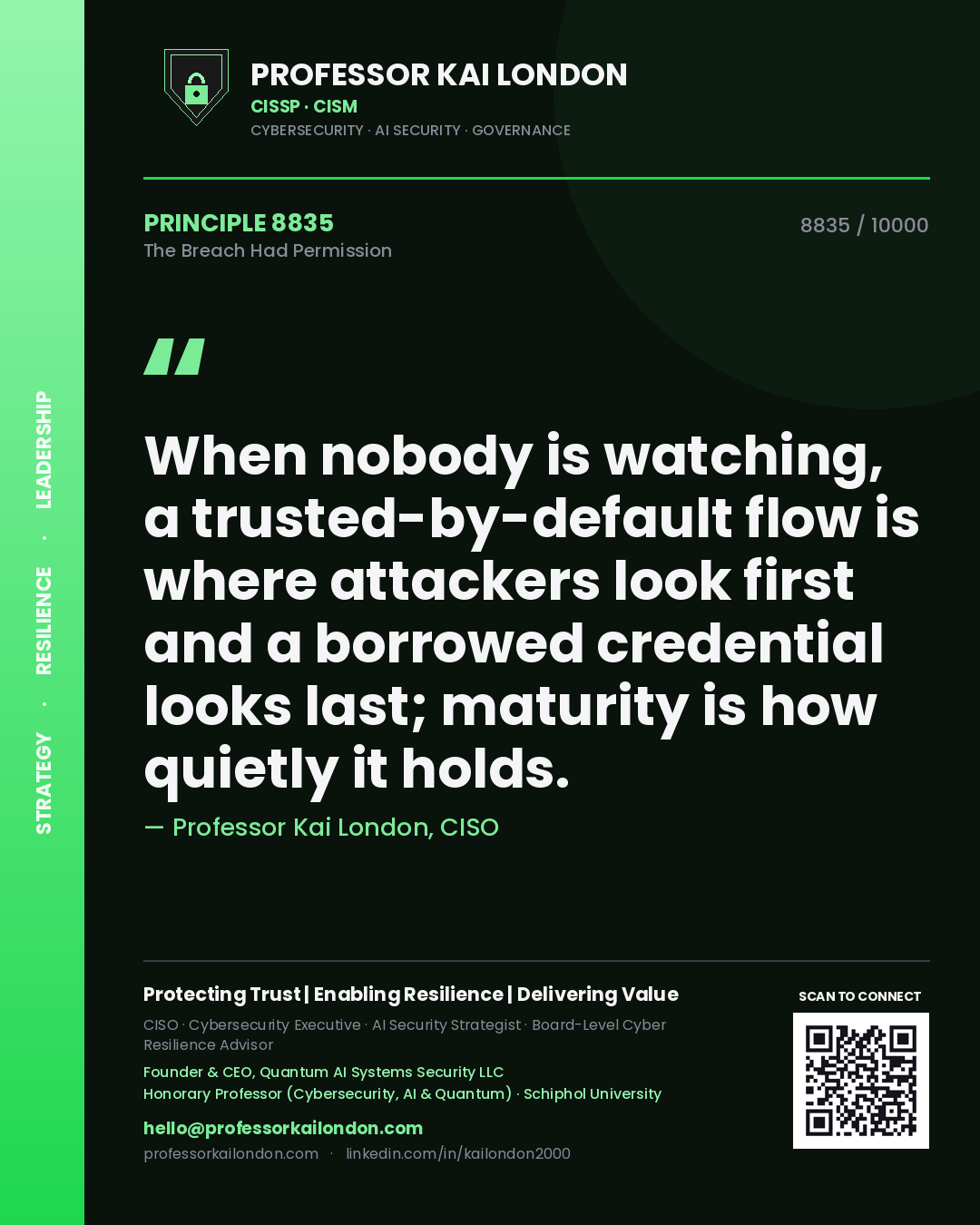Professor Kai London principle 8835: When nobody is watching, a trusted-by-default flow is where attackers look first and a borrowed credential looks last; maturity is how quietly it holds.