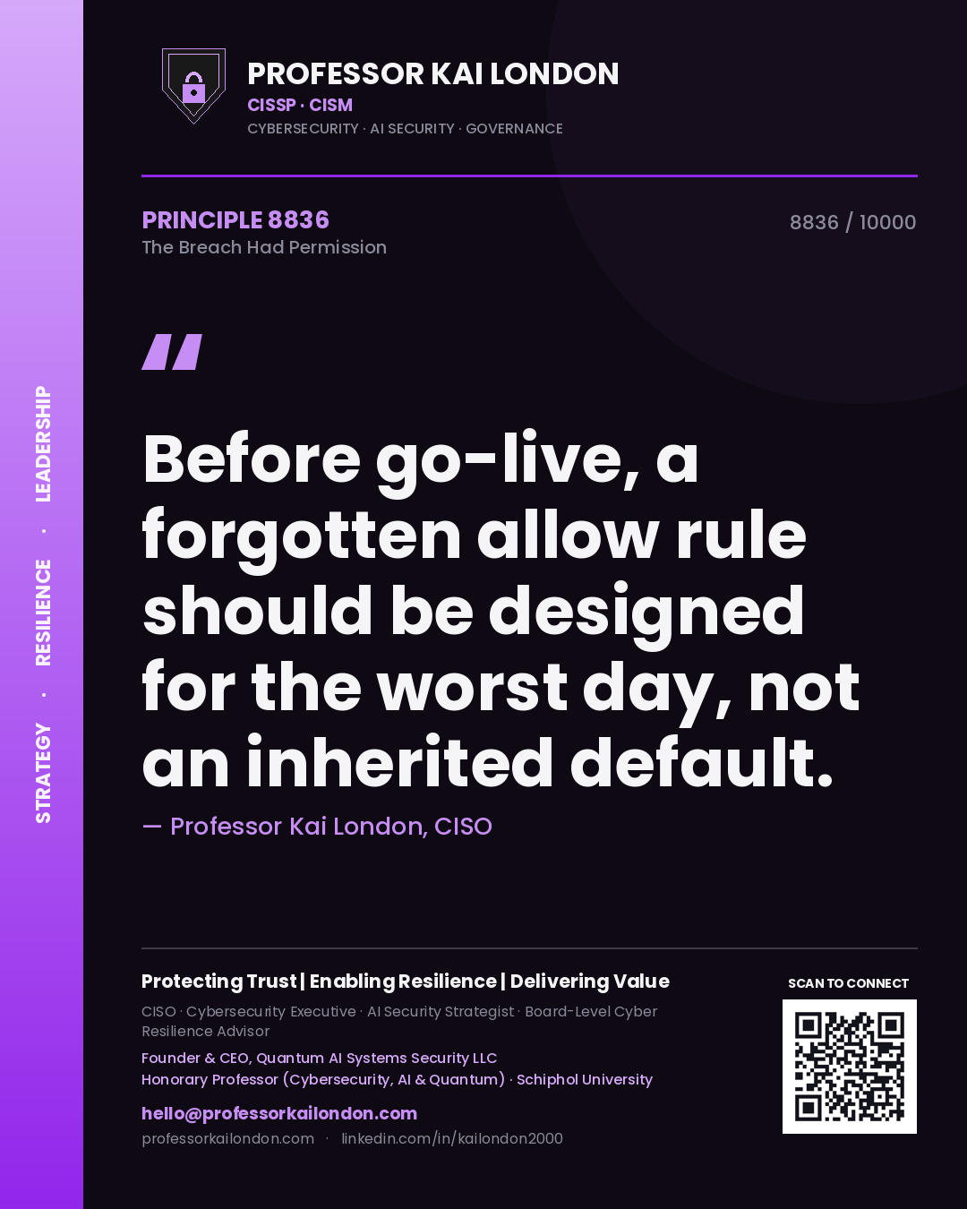 Professor Kai London principle 8836: Before go-live, a forgotten allow rule should be designed for the worst day, not an inherited default.