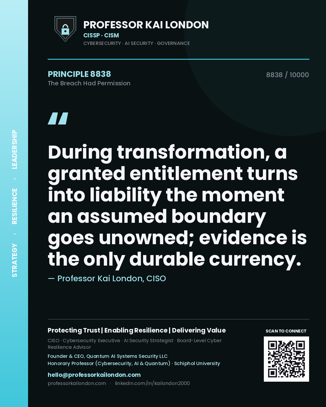 Quote card by Professor Kai London reading 'During transformation, a granted entitlement turns into liability the moment an assumed boundary goes unowned; evidence is the only durable currency.'. From the book The Breach Had Permission.