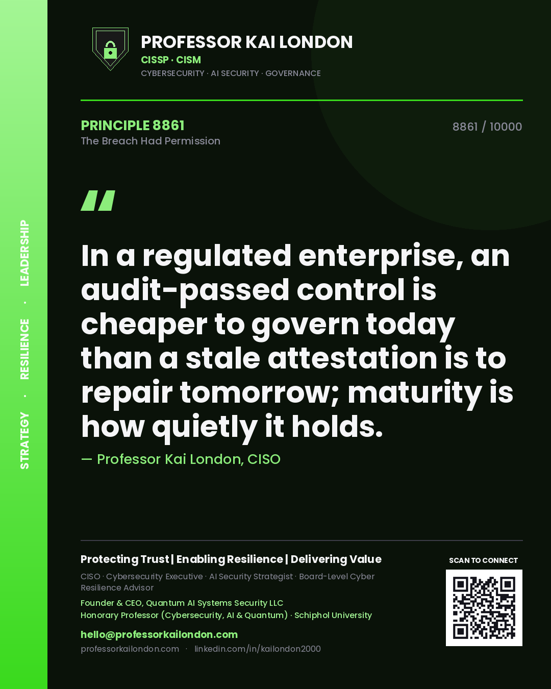 Professor Kai London principle 8861: In a regulated enterprise, an audit-passed control is cheaper to govern today than a stale attestation is to repair tomorrow; maturity is how quietly it holds.