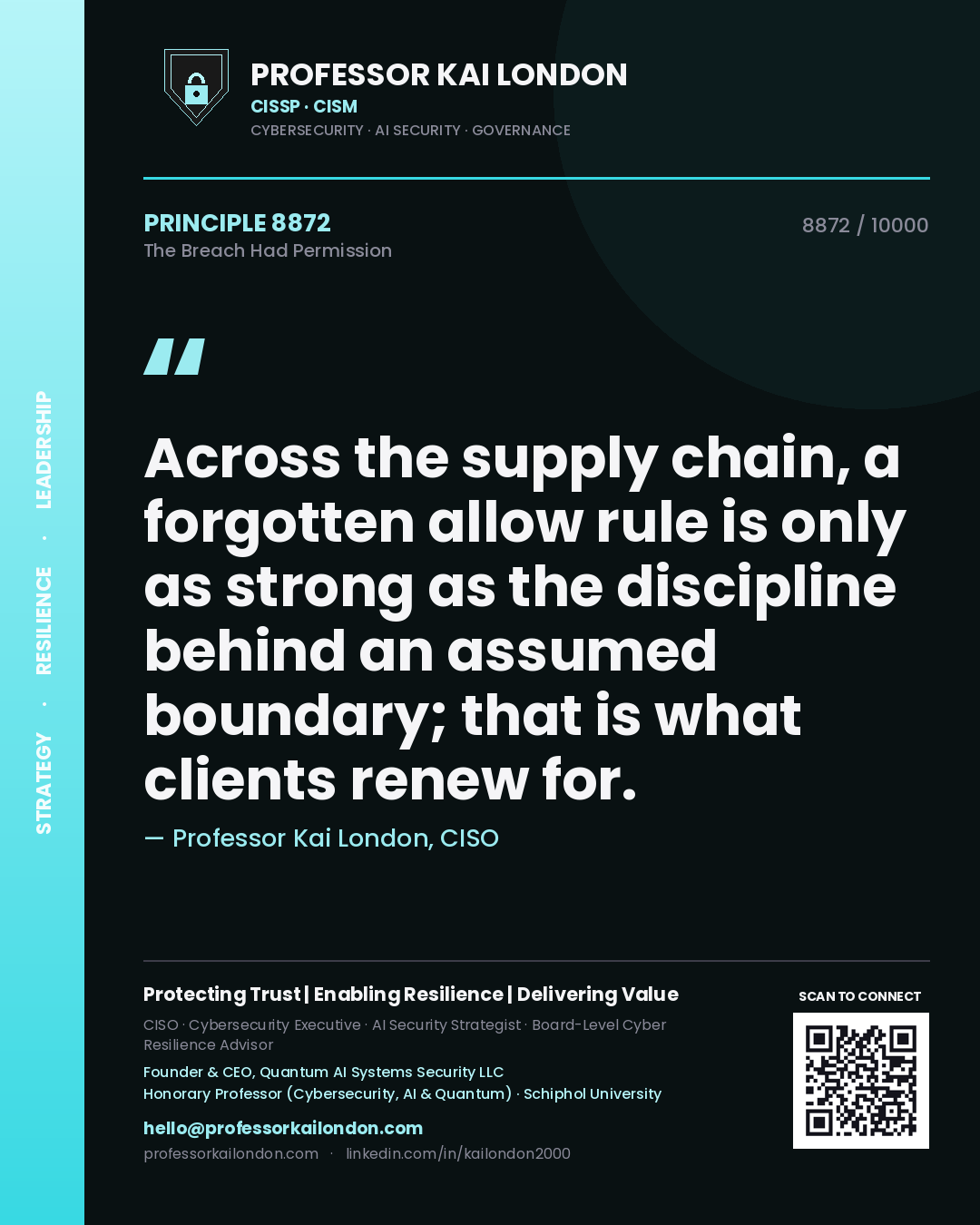 Quote card by Professor Kai London reading 'Across the supply chain, a forgotten allow rule is only as strong as the discipline behind an assumed boundary; that is what clients renew for.'. From the book The Breach Had Permission.
