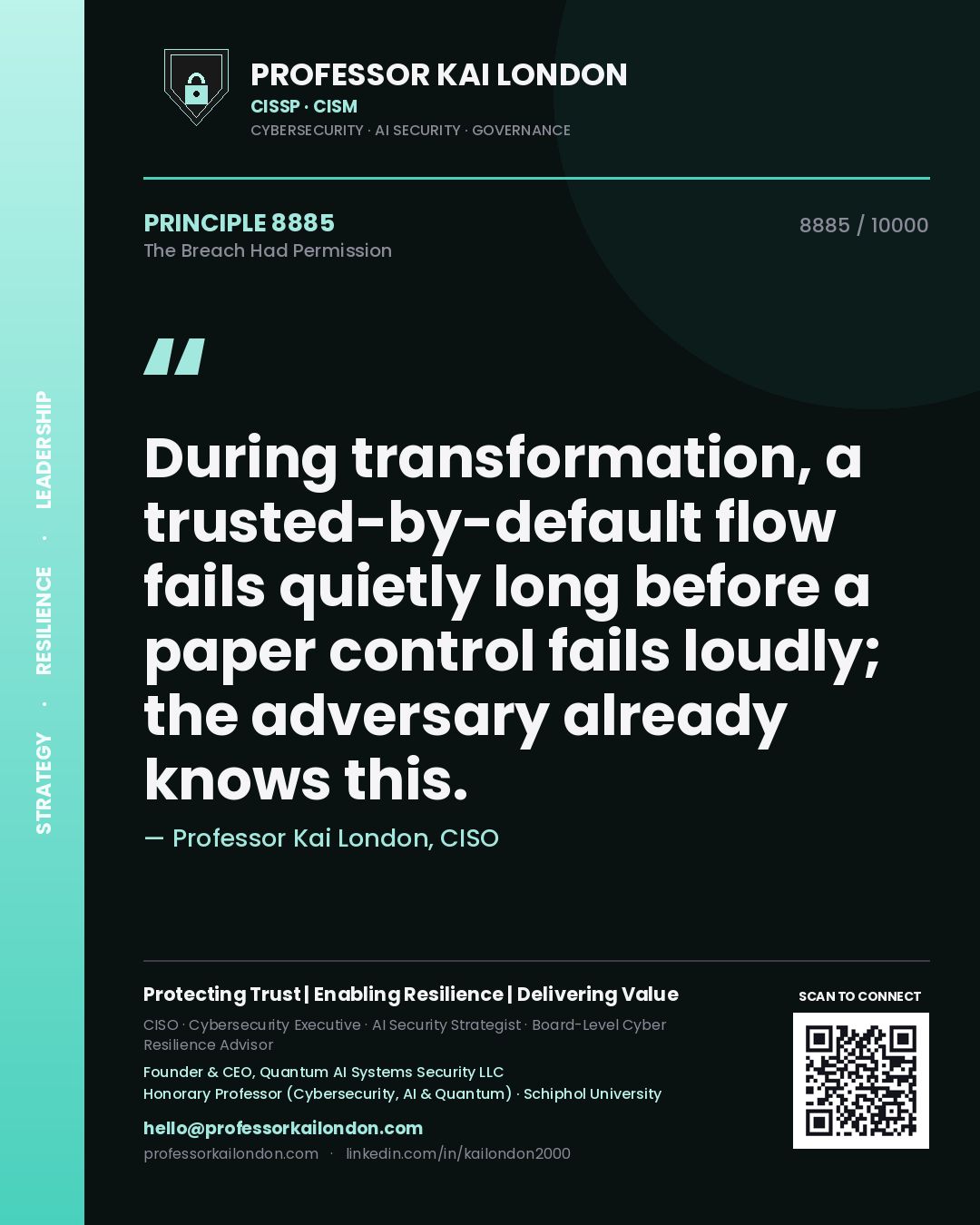 Quote card by Professor Kai London reading 'During transformation, a trusted-by-default flow fails quietly long before a paper control fails loudly; the adversary already knows this.'. From the book The Breach Had Permission.