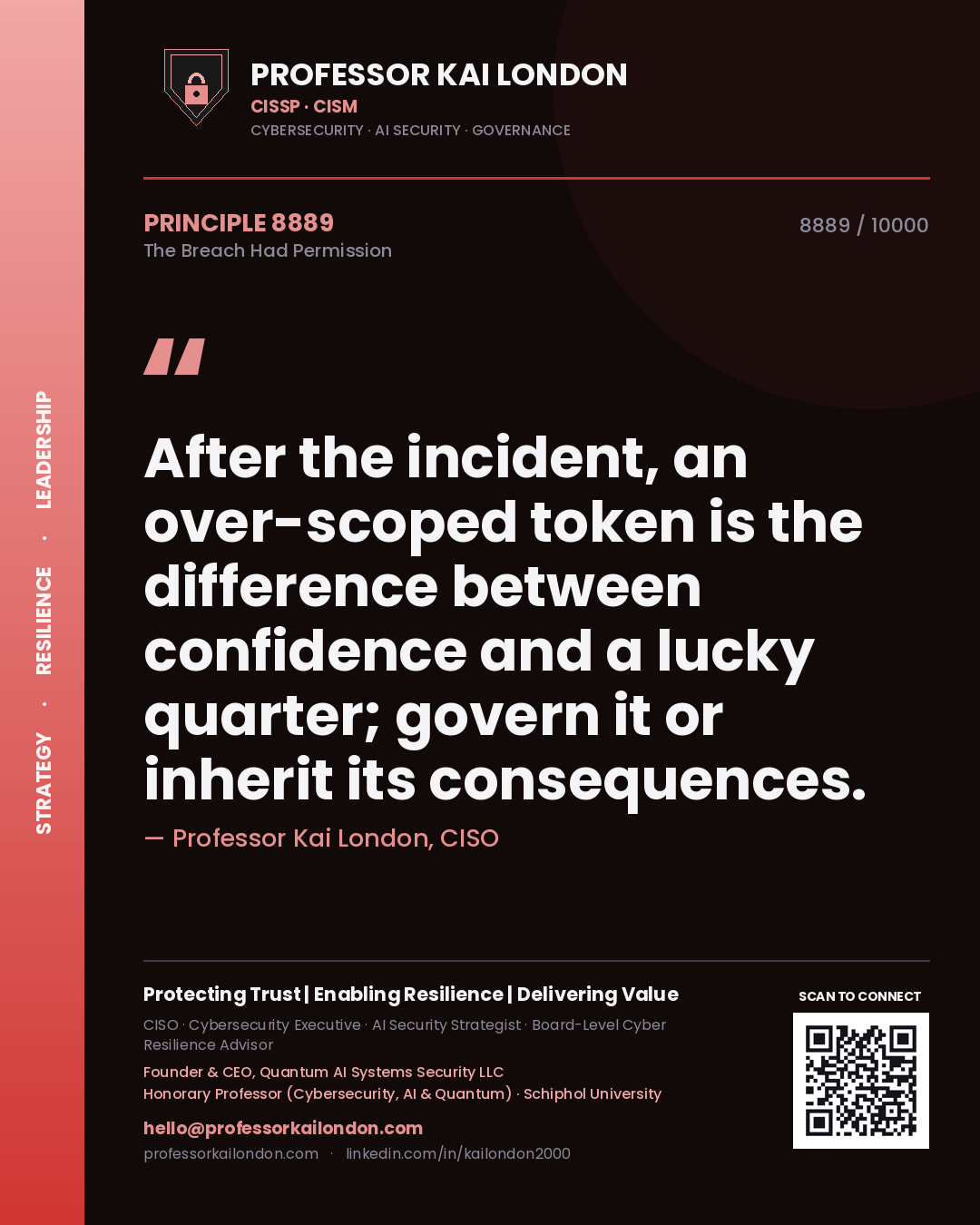 Quote card by Professor Kai London reading 'After the incident, an over-scoped token is the difference between confidence and a lucky quarter; govern it or inherit its consequences.'. From the book The Breach Had Permission.