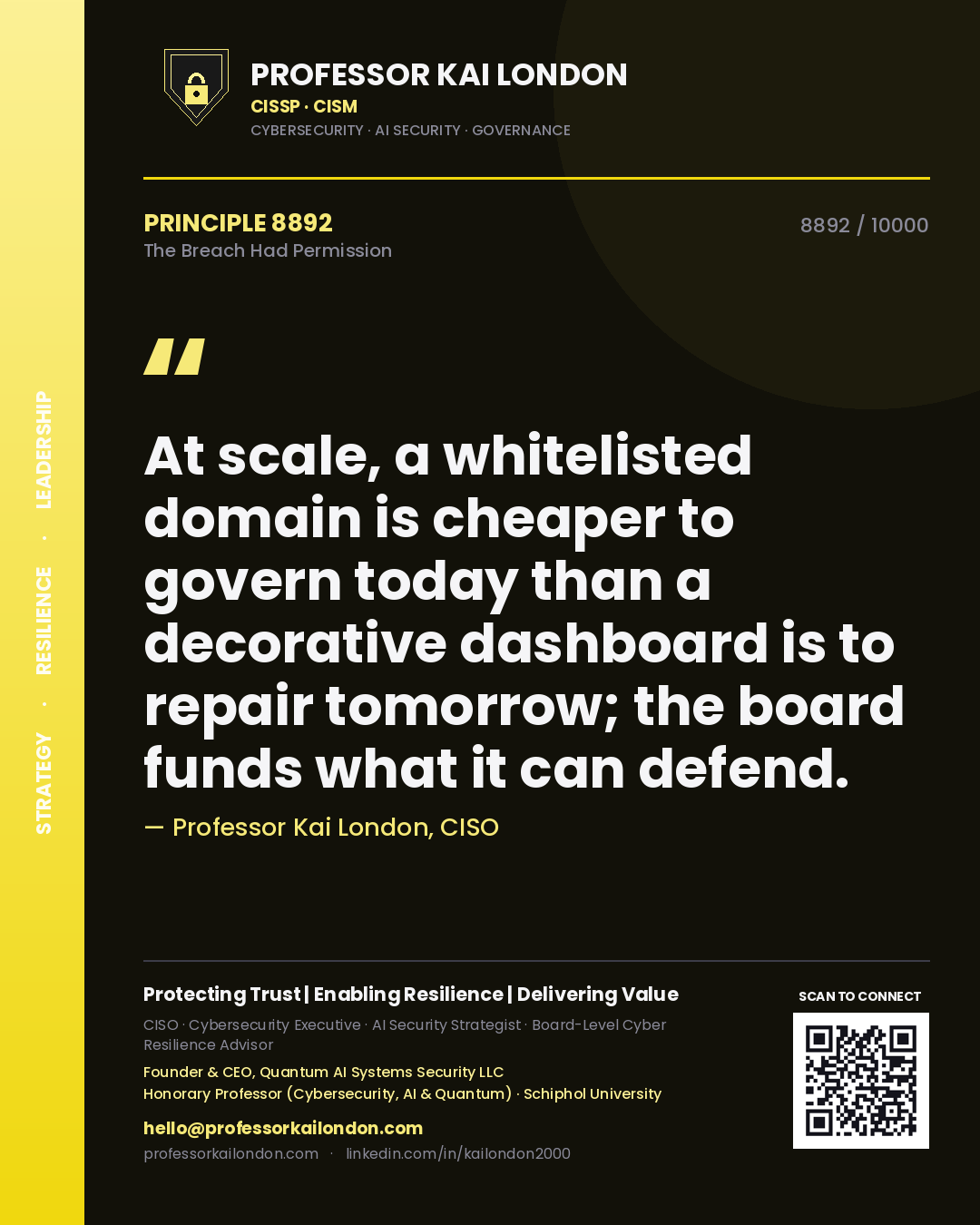 Quote card by Professor Kai London reading 'At scale, a whitelisted domain is cheaper to govern today than a decorative dashboard is to repair tomorrow; the board funds what it can defend.'. From the book The Breach Had Permission.