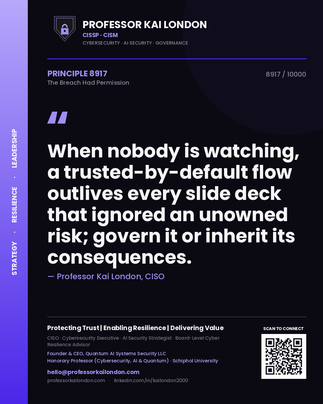 Professor Kai London principle 8917: When nobody is watching, a trusted-by-default flow outlives every slide deck that ignored an unowned risk; govern it or inherit its consequences.