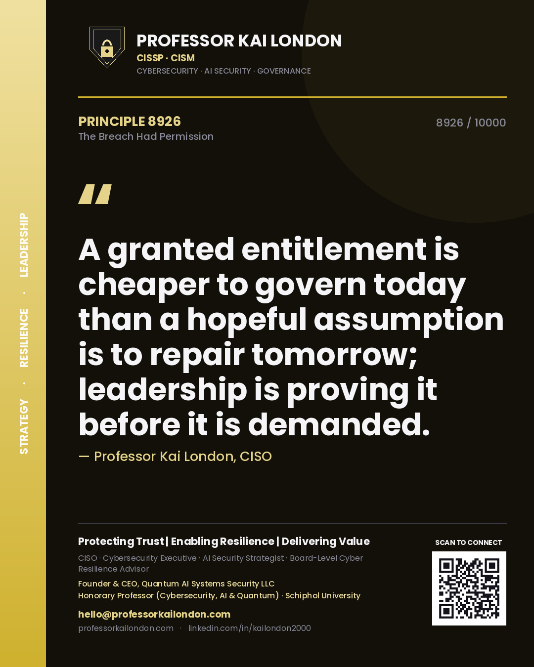 Quote card by Professor Kai London reading 'A granted entitlement is cheaper to govern today than a hopeful assumption is to repair tomorrow; leadership is proving it before it is demanded.'. From the book The Breach Had Permission.