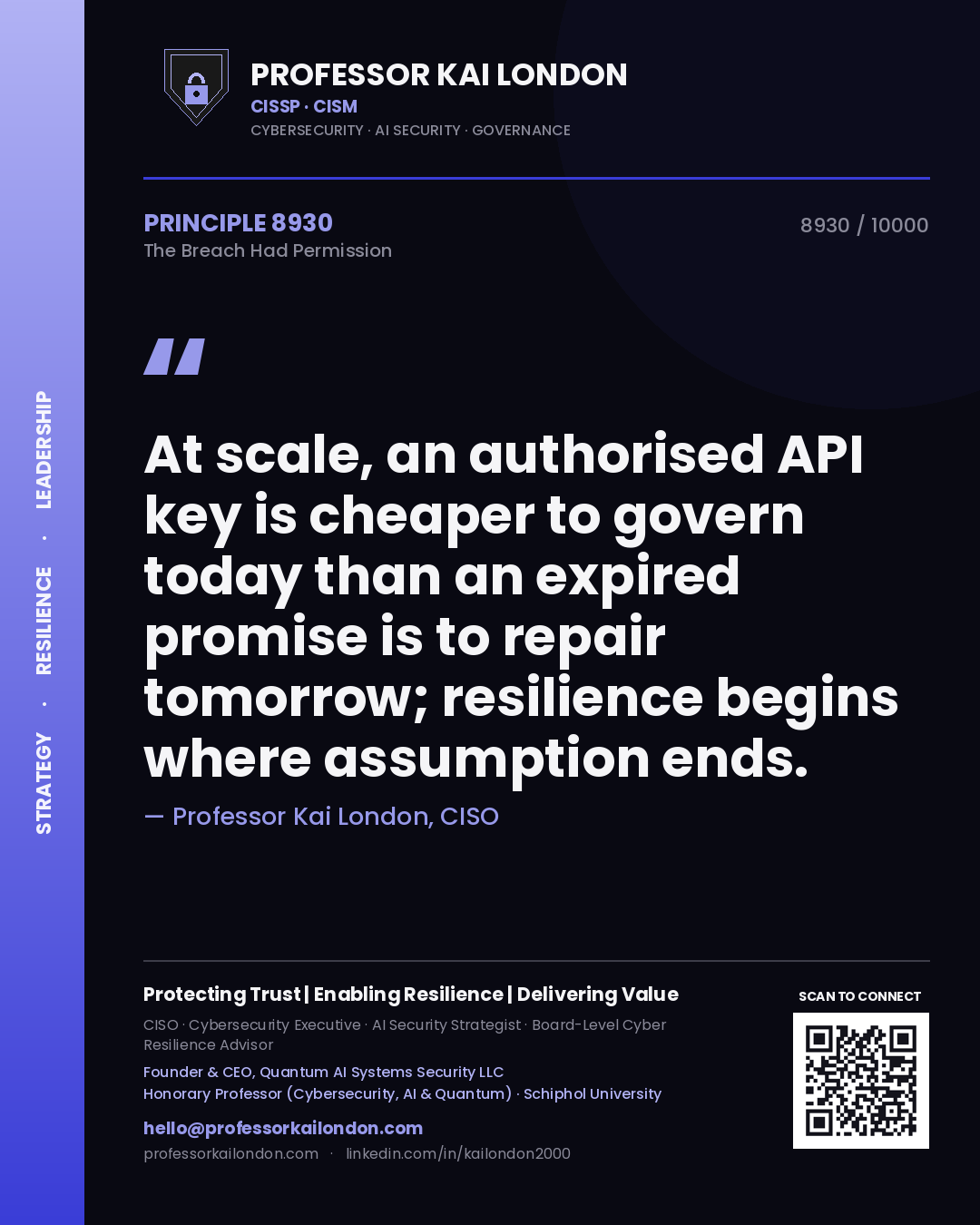 Quote card by Professor Kai London reading 'At scale, an authorised API key is cheaper to govern today than an expired promise is to repair tomorrow; resilience begins where assumption ends.'. From the book The Breach Had Permission.