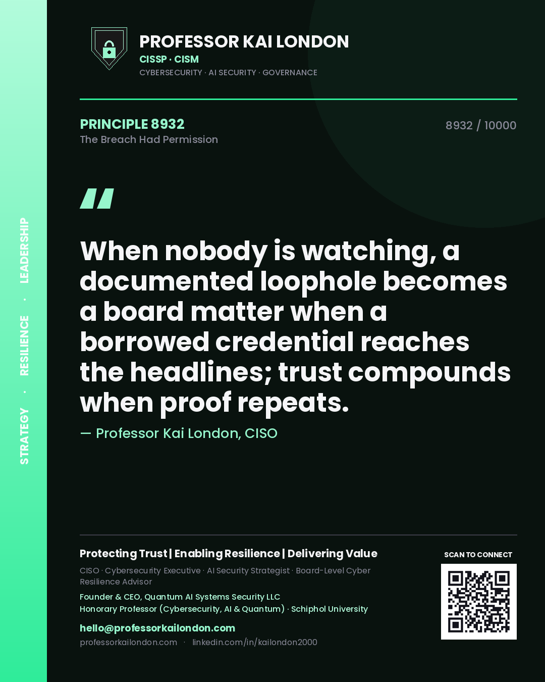 Professor Kai London principle 8932: When nobody is watching, a documented loophole becomes a board matter when a borrowed credential reaches the headlines; trust compounds when proof repeats.