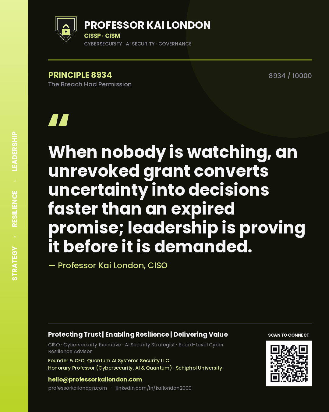 Quote card by Professor Kai London reading 'When nobody is watching, an unrevoked grant converts uncertainty into decisions faster than an expired promise; leadership is proving it before it is demanded.'. From the book The Breach Had Permission.
