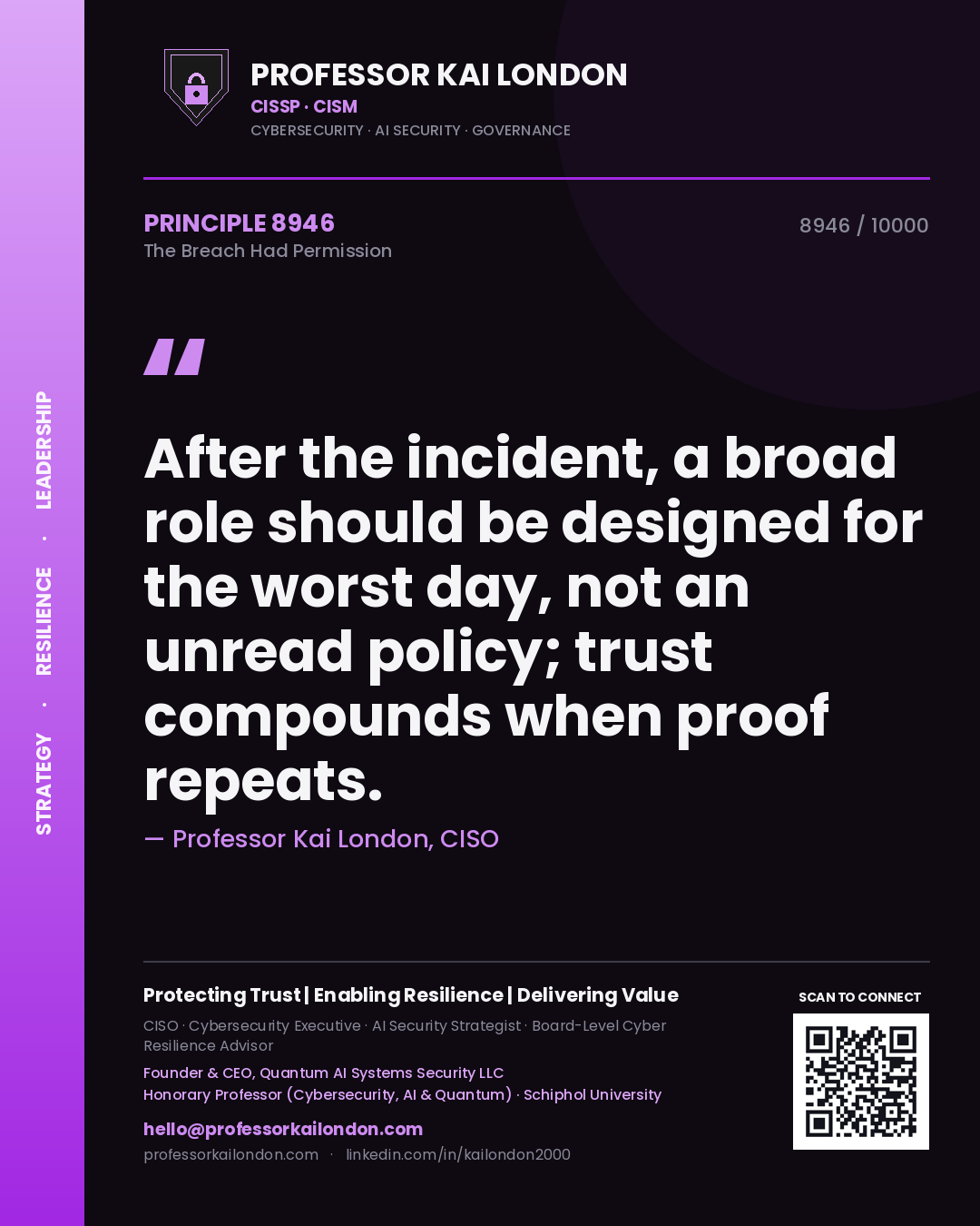 Quote card by Professor Kai London reading 'After the incident, a broad role should be designed for the worst day, not an unread policy; trust compounds when proof repeats.'. From the book The Breach Had Permission.