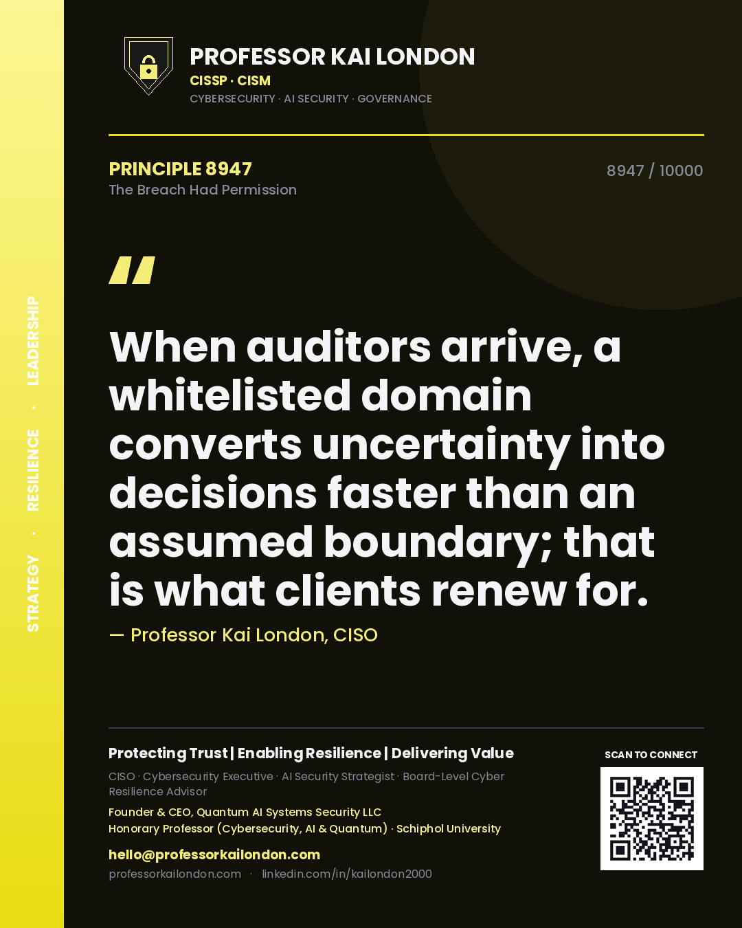 Quote card by Professor Kai London reading 'When auditors arrive, a whitelisted domain converts uncertainty into decisions faster than an assumed boundary; that is what clients renew for.'. From the book The Breach Had Permission.