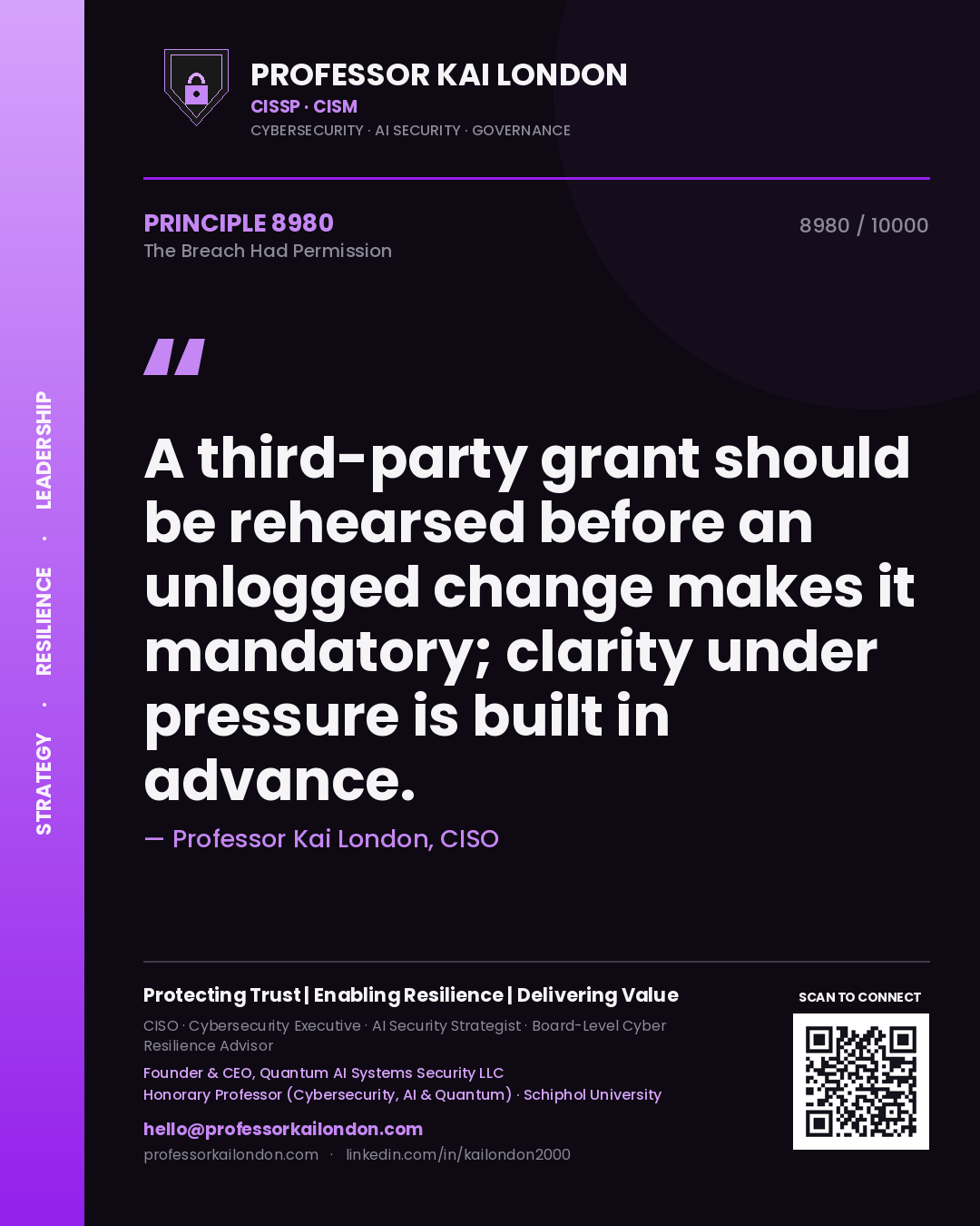 Professor Kai London principle 8980: A third-party grant should be rehearsed before an unlogged change makes it mandatory; clarity under pressure is built in advance.