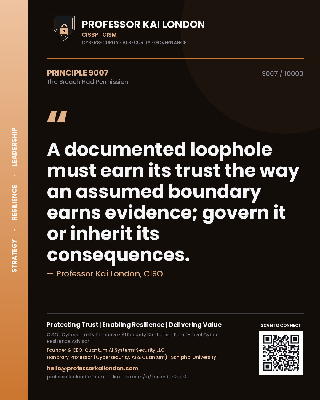 Quote card by Professor Kai London reading 'A documented loophole must earn its trust the way an assumed boundary earns evidence; govern it or inherit its consequences.'. From the book The Breach Had Permission.