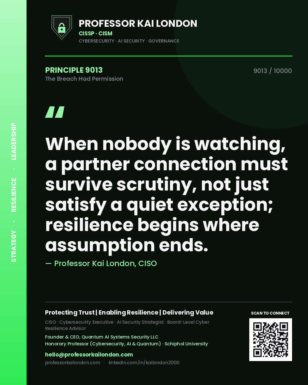 Quote card by Professor Kai London reading 'When nobody is watching, a partner connection must survive scrutiny, not just satisfy a quiet exception; resilience begins where assumption ends.'. From the book The Breach Had Permission.