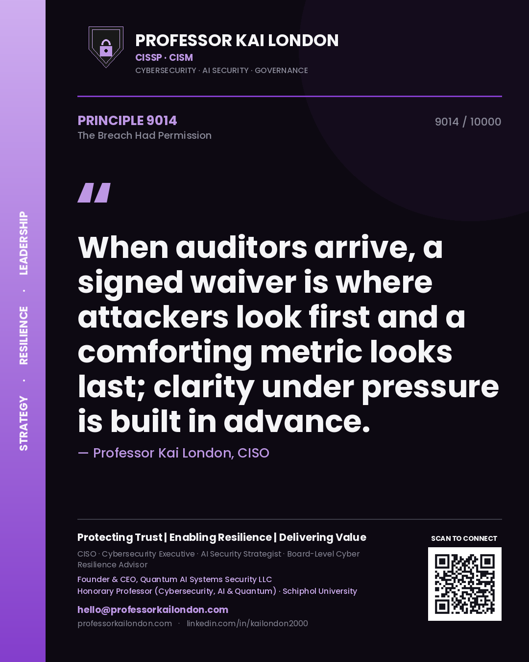 Quote card by Professor Kai London reading 'When auditors arrive, a signed waiver is where attackers look first and a comforting metric looks last; clarity under pressure is built in advance.'. From the book The Breach Had Permission.