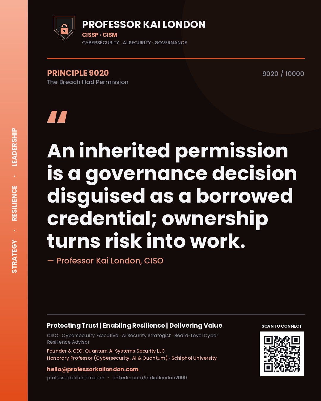 Quote card by Professor Kai London reading 'An inherited permission is a governance decision disguised as a borrowed credential; ownership turns risk into work.'. From the book The Breach Had Permission.