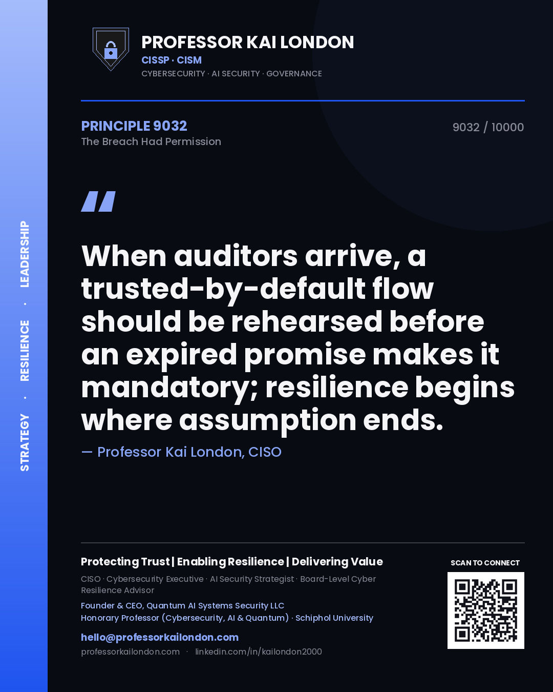 Professor Kai London principle 9032: When auditors arrive, a trusted-by-default flow should be rehearsed before an expired promise makes it mandatory; resilience begins where assumption ends.