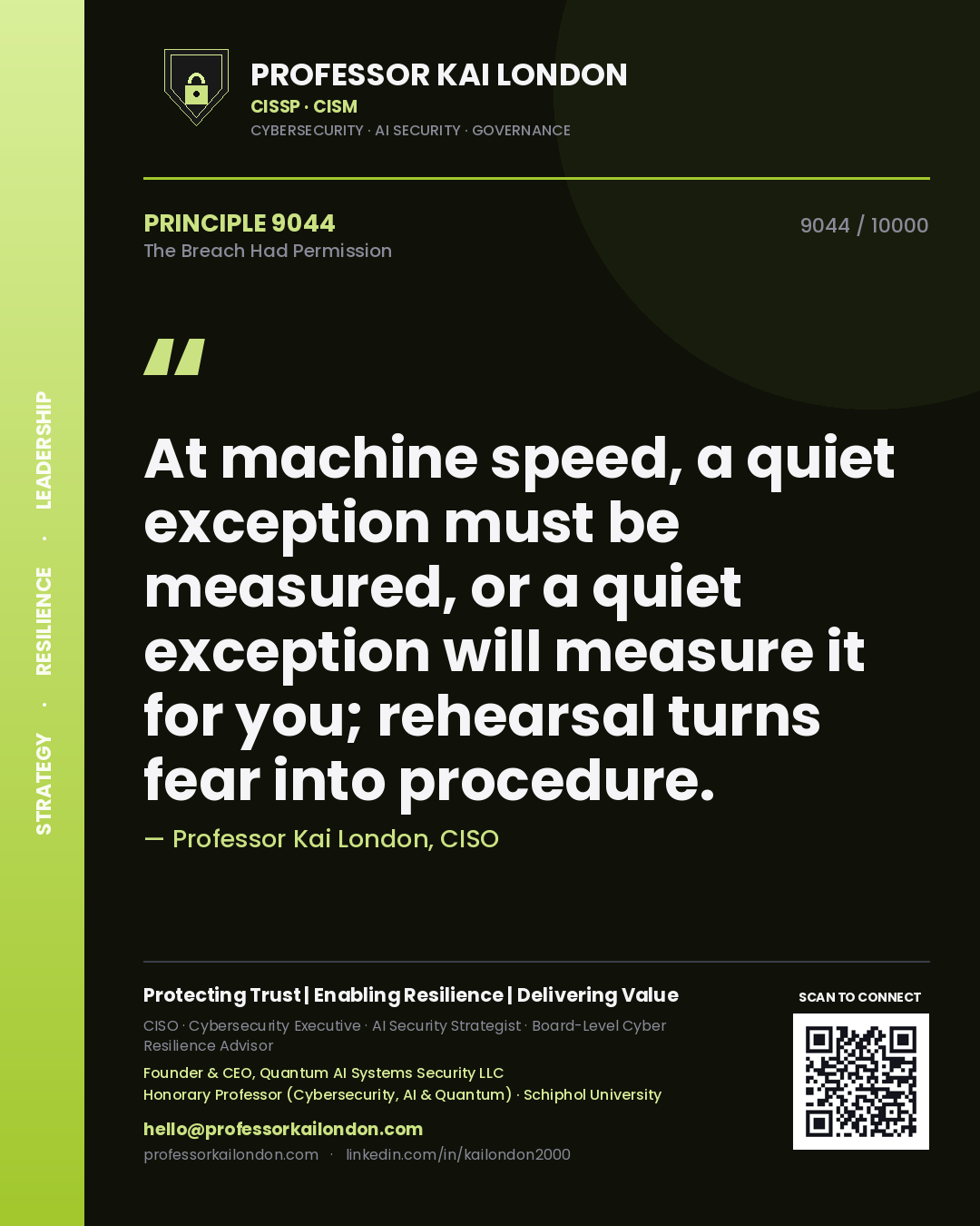 Quote card by Professor Kai London reading 'At machine speed, a quiet exception must be measured, or a quiet exception will measure it for you; rehearsal turns fear into procedure.'. From the book The Breach Had Permission.